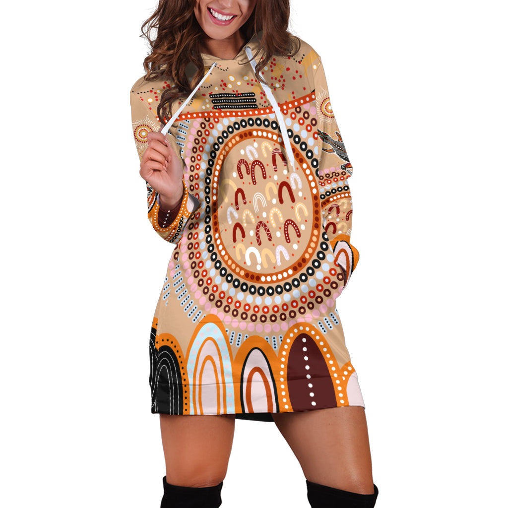 (Custom Text and Number) Aboriginal Stand Up Hoodie Dress Circle Dot with Lizard Version PeachPuff - Vibe Hoodie Shop