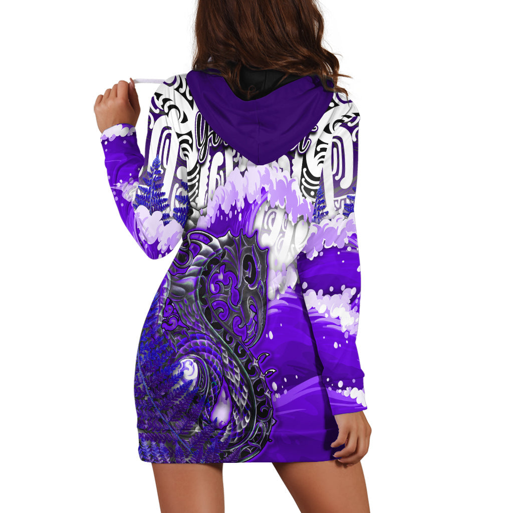 (Custom Personalised) Manaia Maori Hoodie Dress Fern Aotearoa Purple Waves - Vibe Hoodie Shop