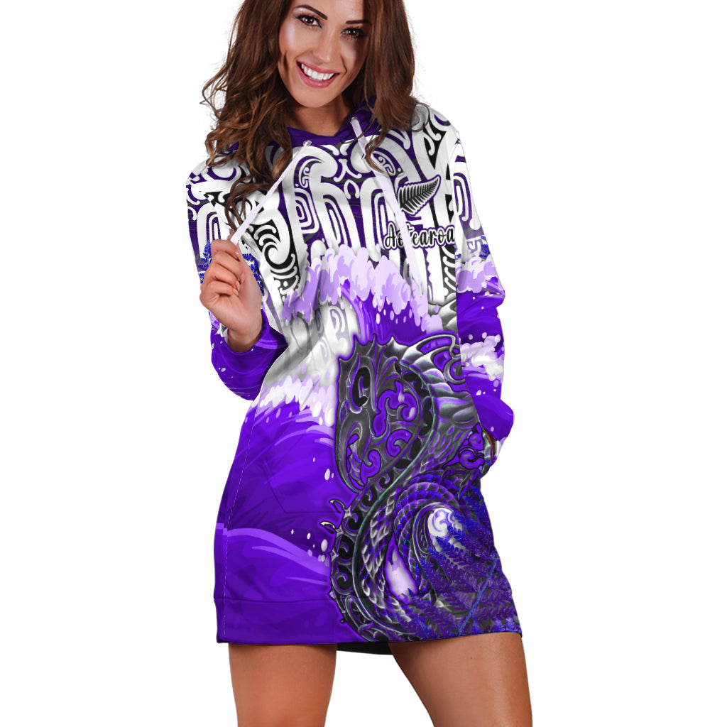 (Custom Personalised) Manaia Maori Hoodie Dress Fern Aotearoa Purple Waves - Vibe Hoodie Shop