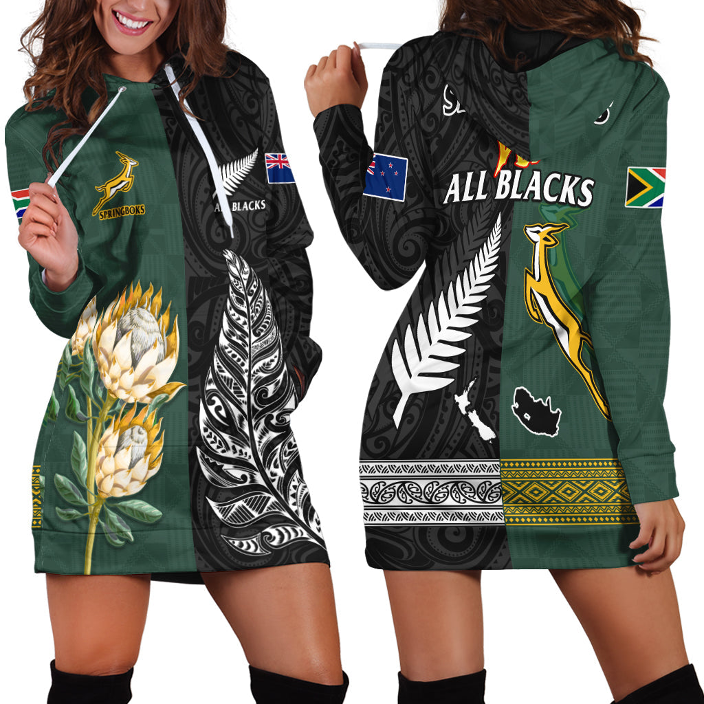 South Africa Protea and New Zealand Fern Hoodie Dress Rugby Go Springboks vs All Black - Vibe Hoodie Shop