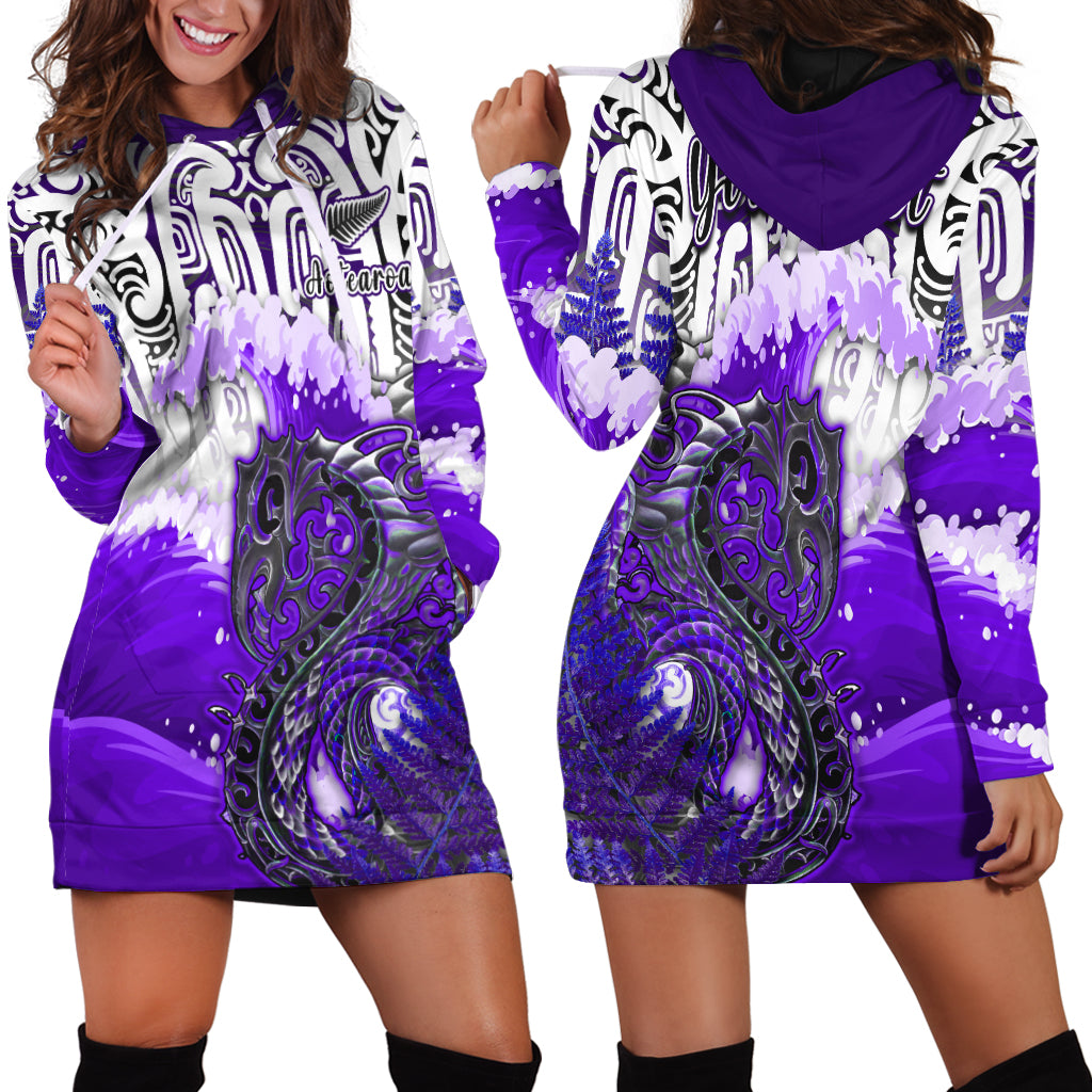 (Custom Personalised) Manaia Maori Hoodie Dress Fern Aotearoa Purple Waves - Vibe Hoodie Shop