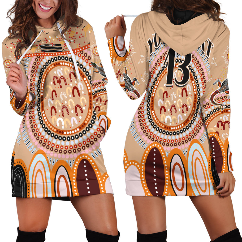 (Custom Text and Number) Aboriginal Stand Up Hoodie Dress Circle Dot with Lizard Version PeachPuff - Vibe Hoodie Shop