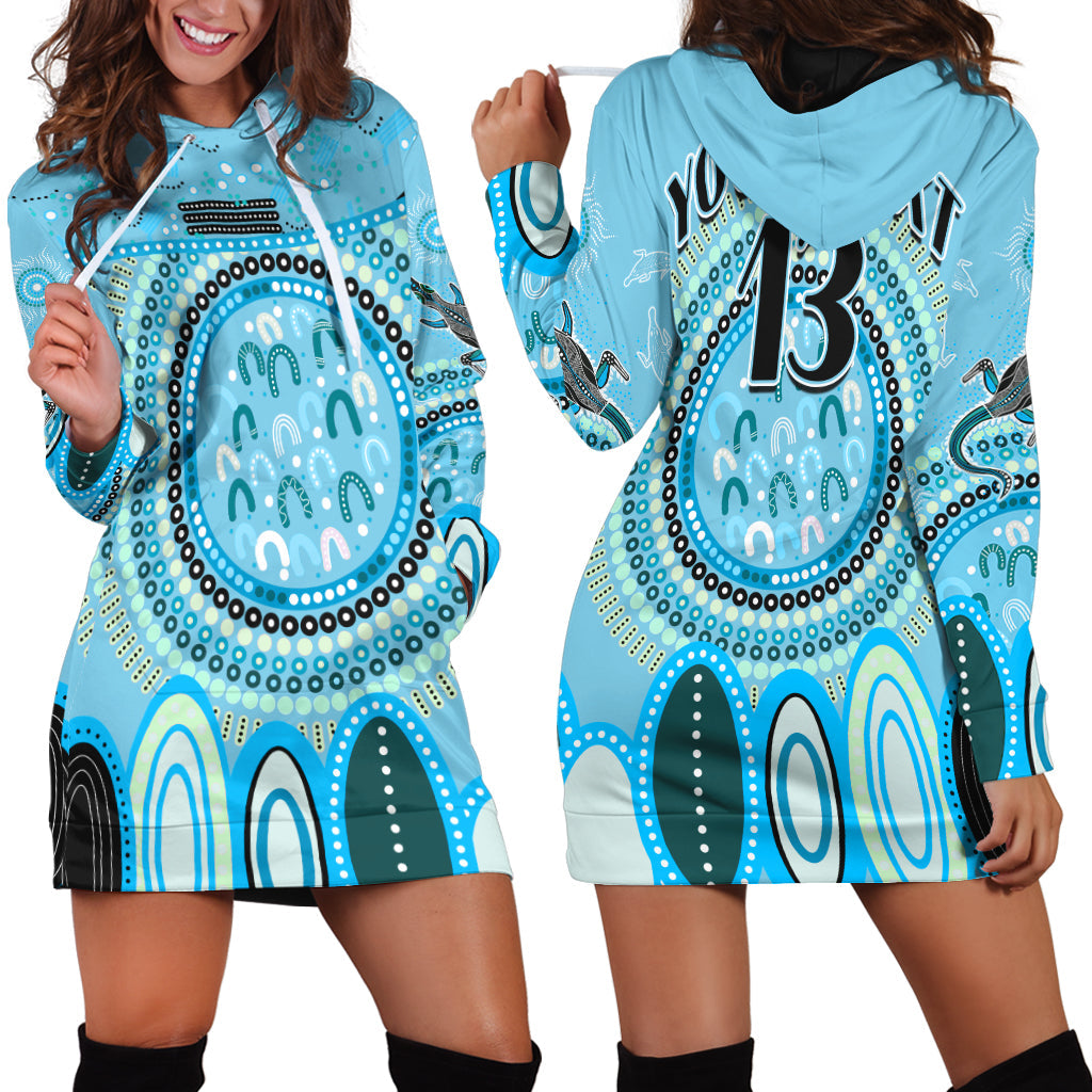 (Custom Text and Number) Aboriginal Stand Up Hoodie Dress Circle Dot with Lizard Version Blue - Vibe Hoodie Shop