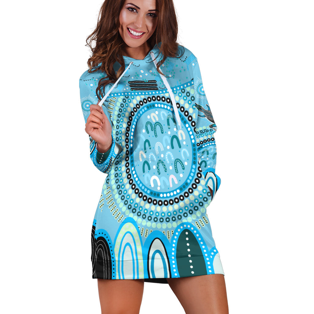 (Custom Text and Number) Aboriginal Stand Up Hoodie Dress Circle Dot with Lizard Version Blue - Vibe Hoodie Shop