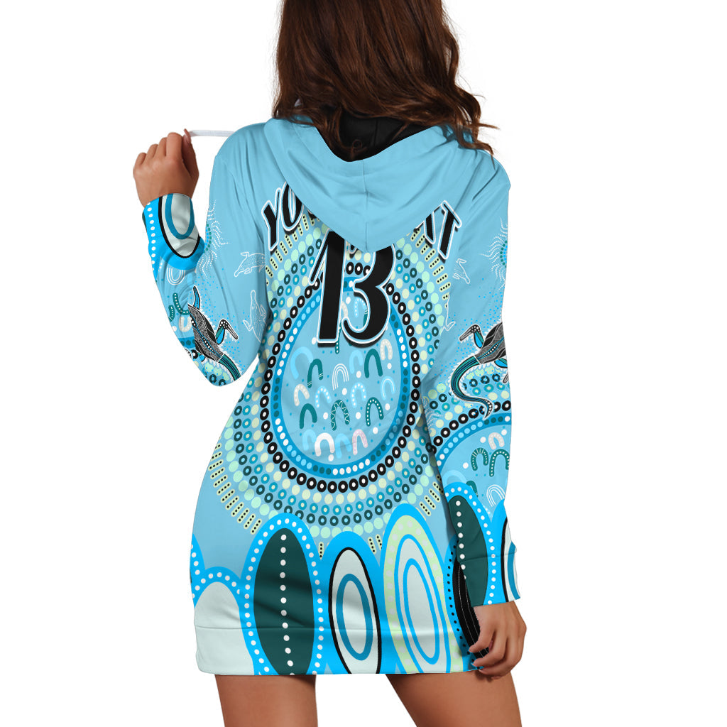 (Custom Text and Number) Aboriginal Stand Up Hoodie Dress Circle Dot with Lizard Version Blue - Vibe Hoodie Shop