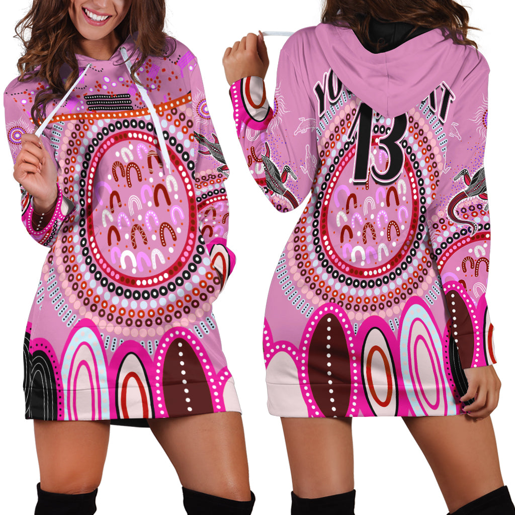 (Custom Text and Number) Aboriginal Stand Up Hoodie Dress Circle Dot with Lizard Version Pink - Vibe Hoodie Shop