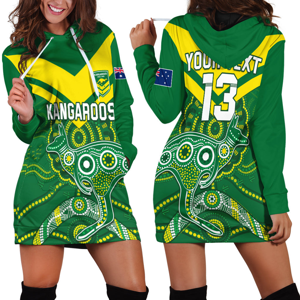 (Custom Text and Number) Australia Rugby Hoodie Dress Kangaroos Boomerang Aboriginal - Vibe Hoodie Shop