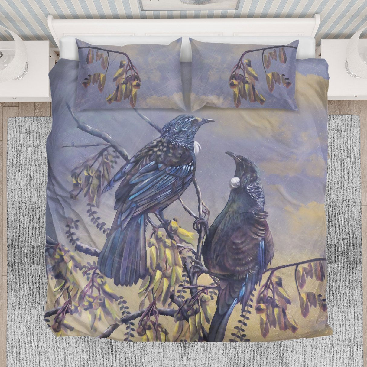 New Zealand Kowhai Bedding Set, Tui Bird Duvet Cover And Pillow Case - Vibe Hoodie Shop