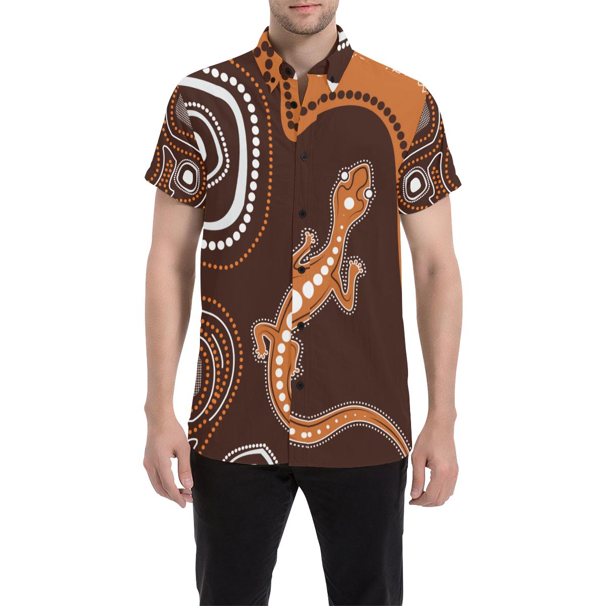 Aboriginal Short Sleeve Shirt - Brown Lizard Dot Painting Art - Vibe Hoodie Shop