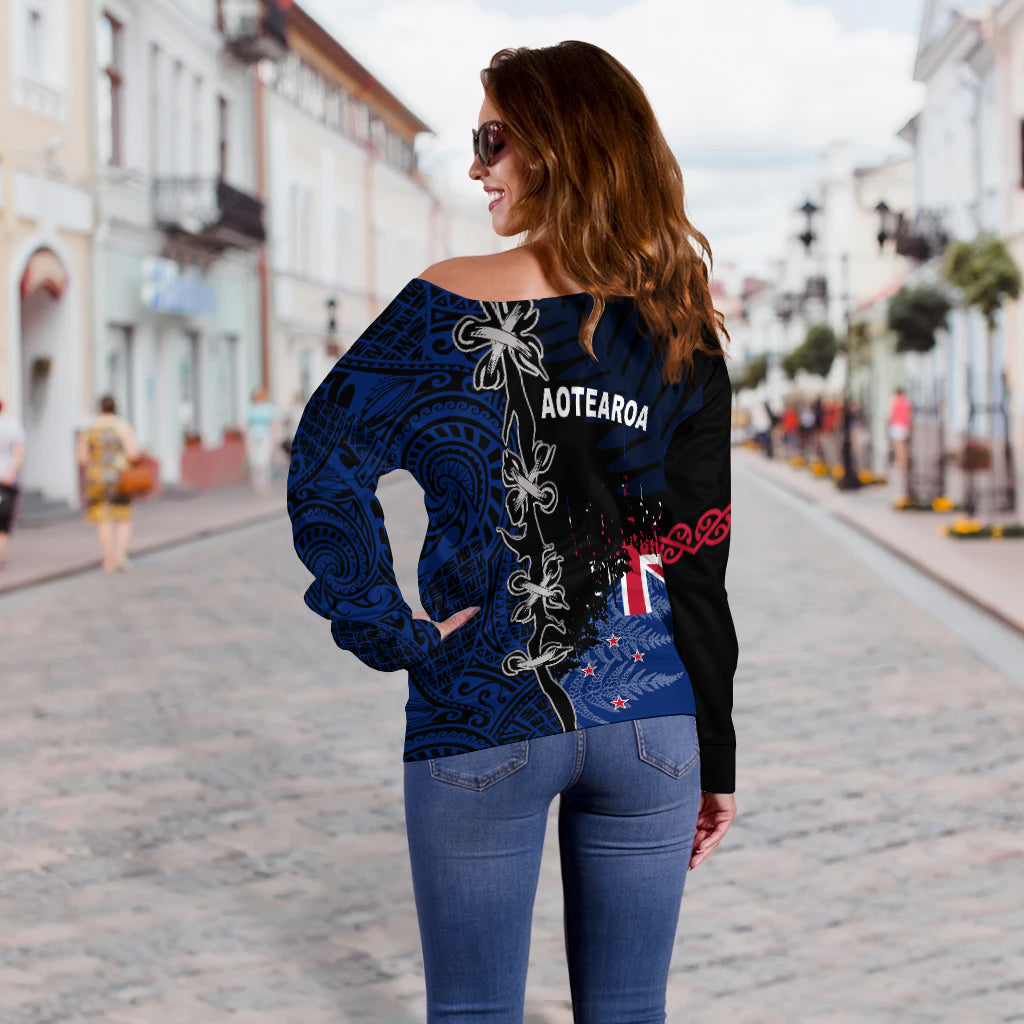 New Zealand Rugby Off Shoulder Sweater Mix Maori and Fern - Vibe Hoodie Shop
