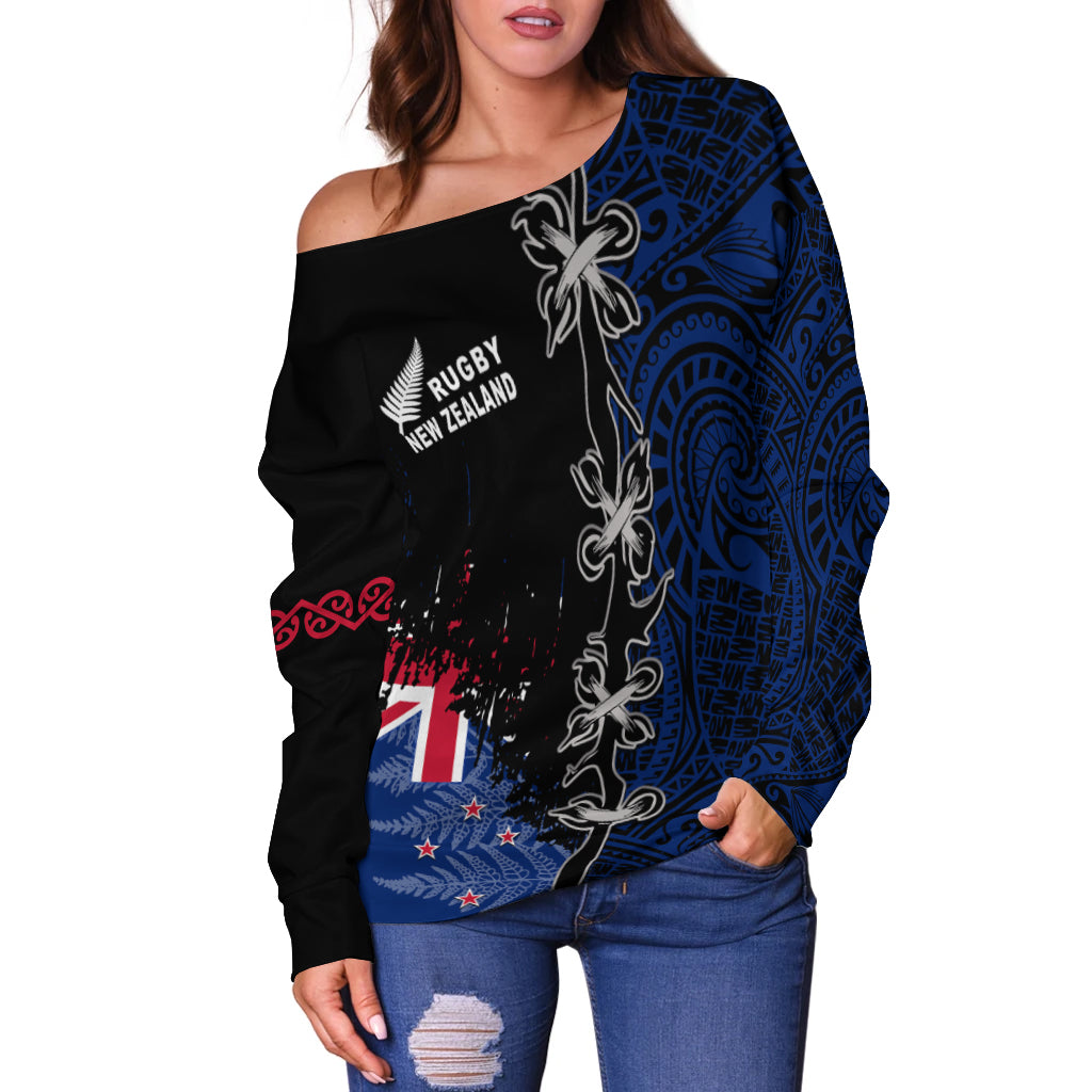 New Zealand Rugby Off Shoulder Sweater Mix Maori and Fern - Vibe Hoodie Shop