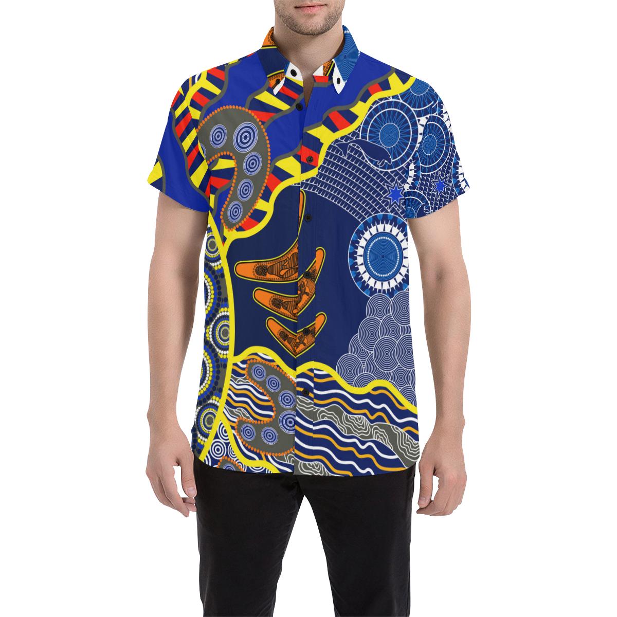 Aboriginal Short Sleeve Shirt - Blue Boomerang Dot Painting Art - Vibe Hoodie Shop