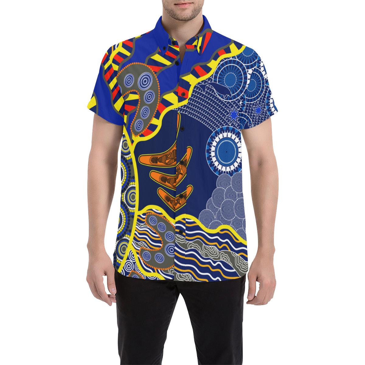 Aboriginal Short Sleeve Shirt - Blue Boomerang Dot Painting Art - Vibe Hoodie Shop