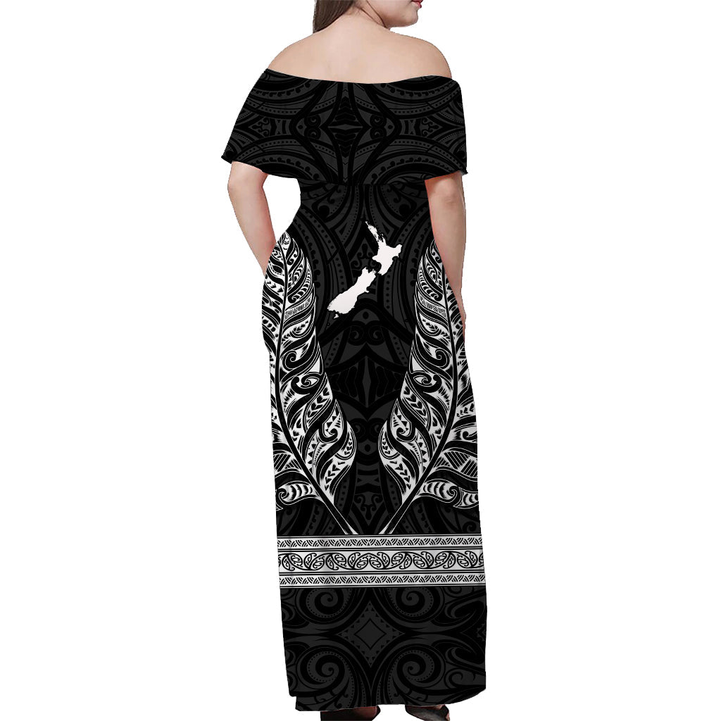 (Custom Personalised) New Zealand Silver Fern Off Shoulder Long Dress Maori Pattern Black - Vibe Hoodie Shop