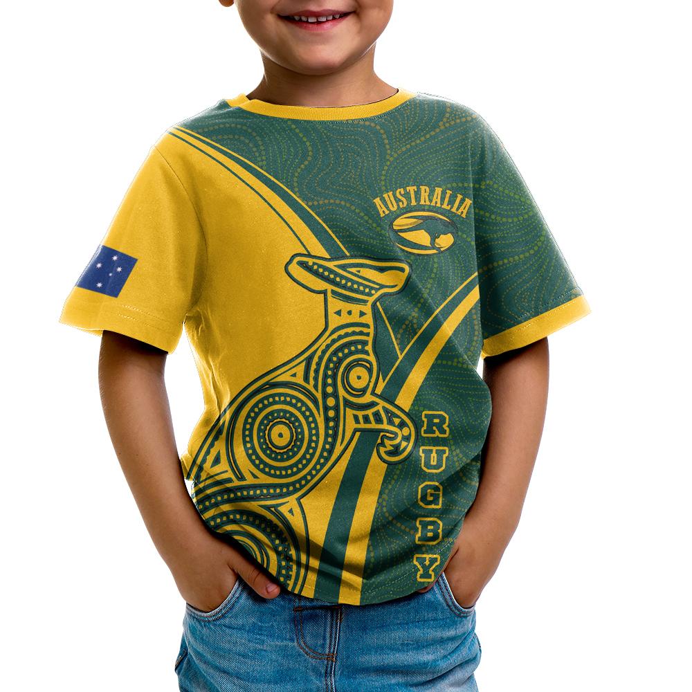 Rugby Kid T shirt - Australian Rugby Kangaroo and Aboriginal Patterns - Vibe Hoodie Shop