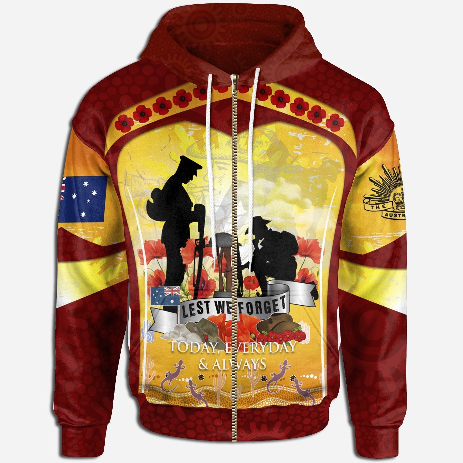 ANZAC Zip - Up Hoodie - Lest We Forget Aboriginal Version - Vibe Hoodie Shop