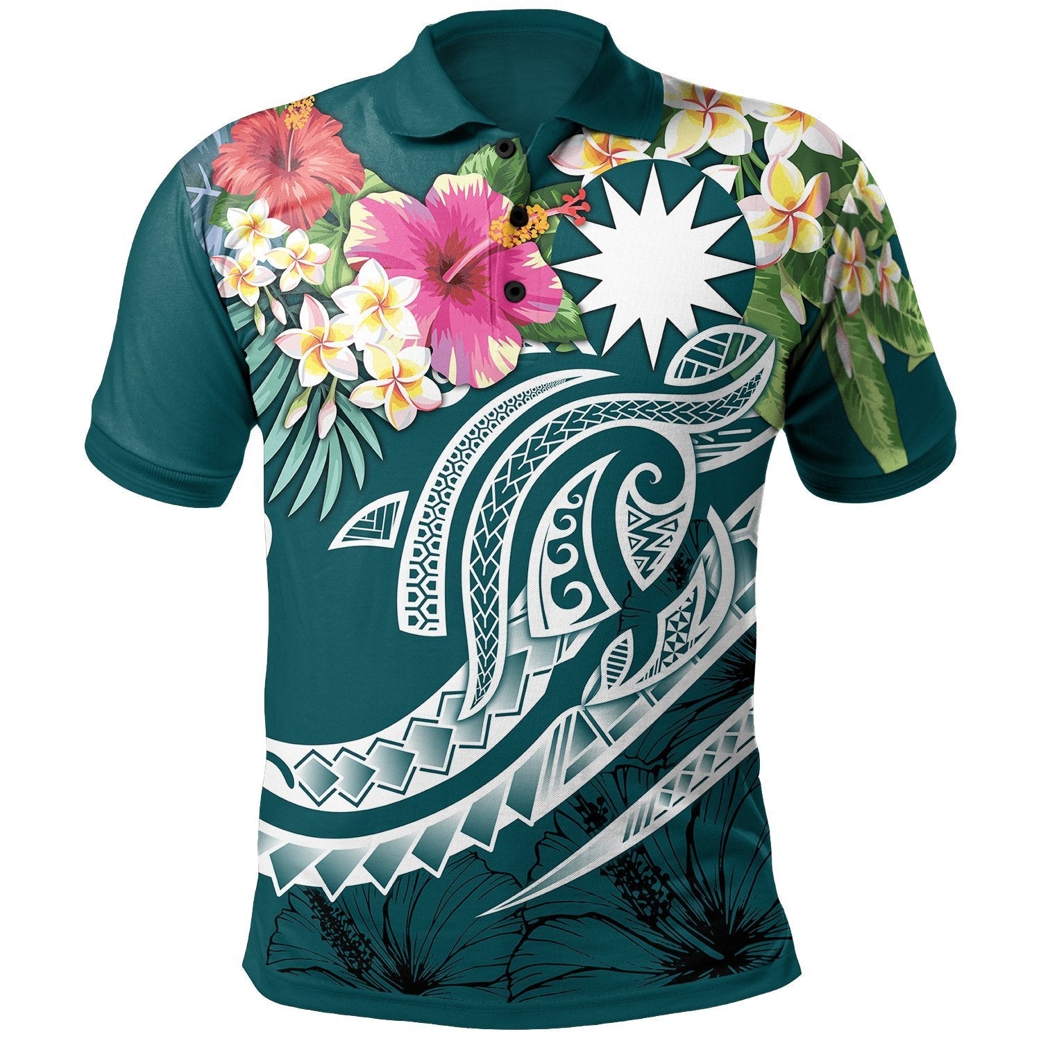 Nauru Polynesian Polo Shirt - Summer Plumeria (Turquoise) - Vibe Hoodie Shop