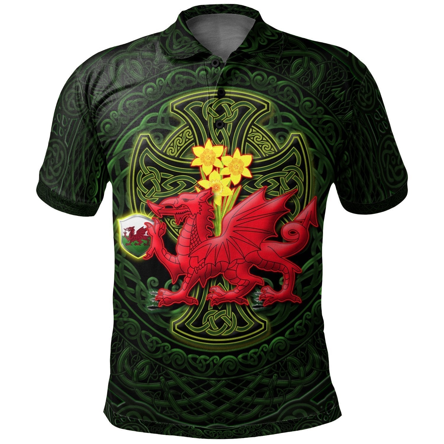 Custom Text Welsh Dragon with Celtic Cross and Daffodils Customized Polo Shirt - The Symbols of Wales - Vibe Hoodie Shop