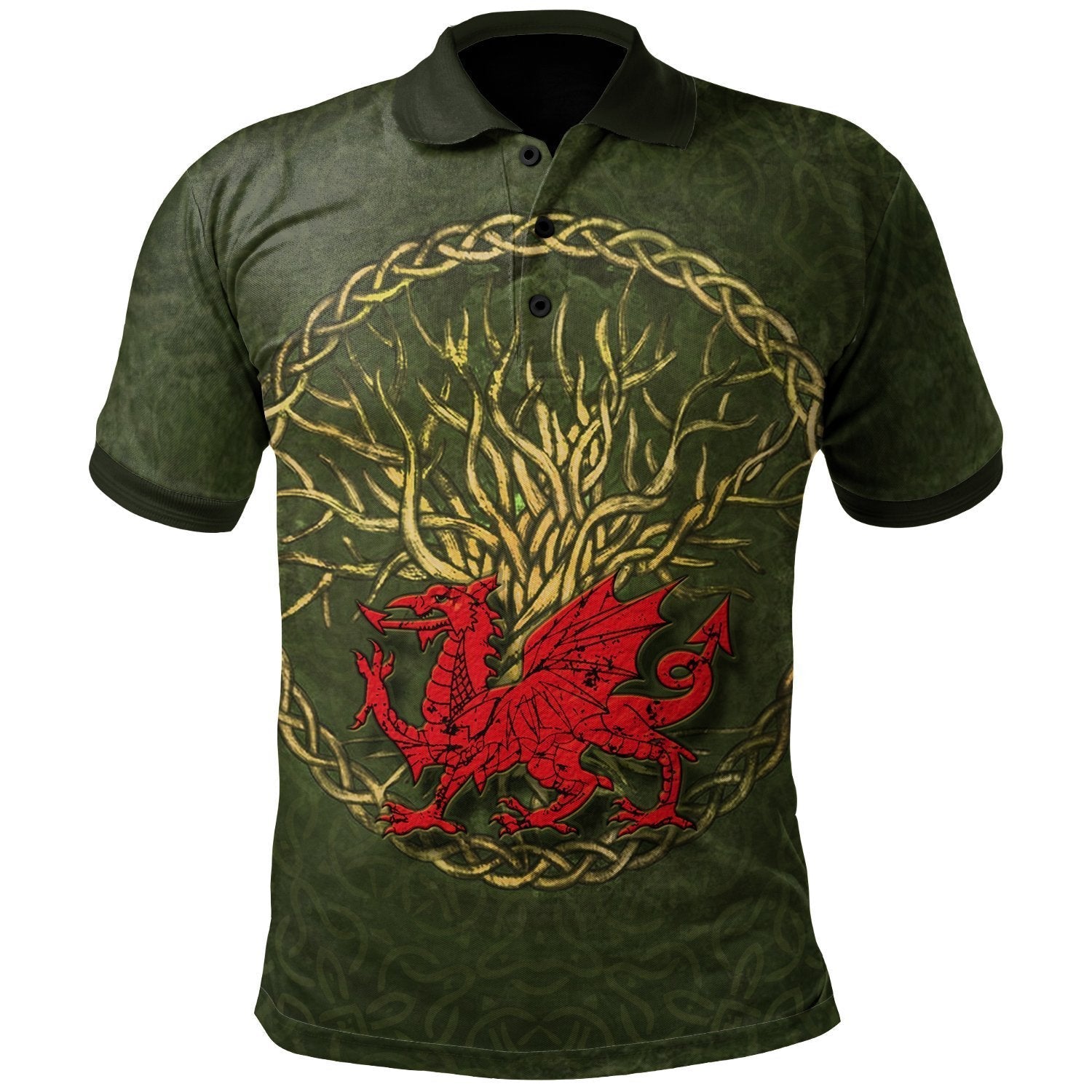 Wales Celtic Polo Shirts - Welsh Dragon With Celtic Tree - Vibe Hoodie Shop