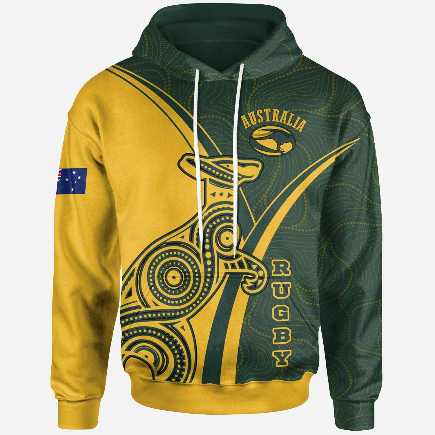 Rugby Hoodie - Australian Rugby Kangaroo and Aboriginal Patterns - Vibe Hoodie Shop