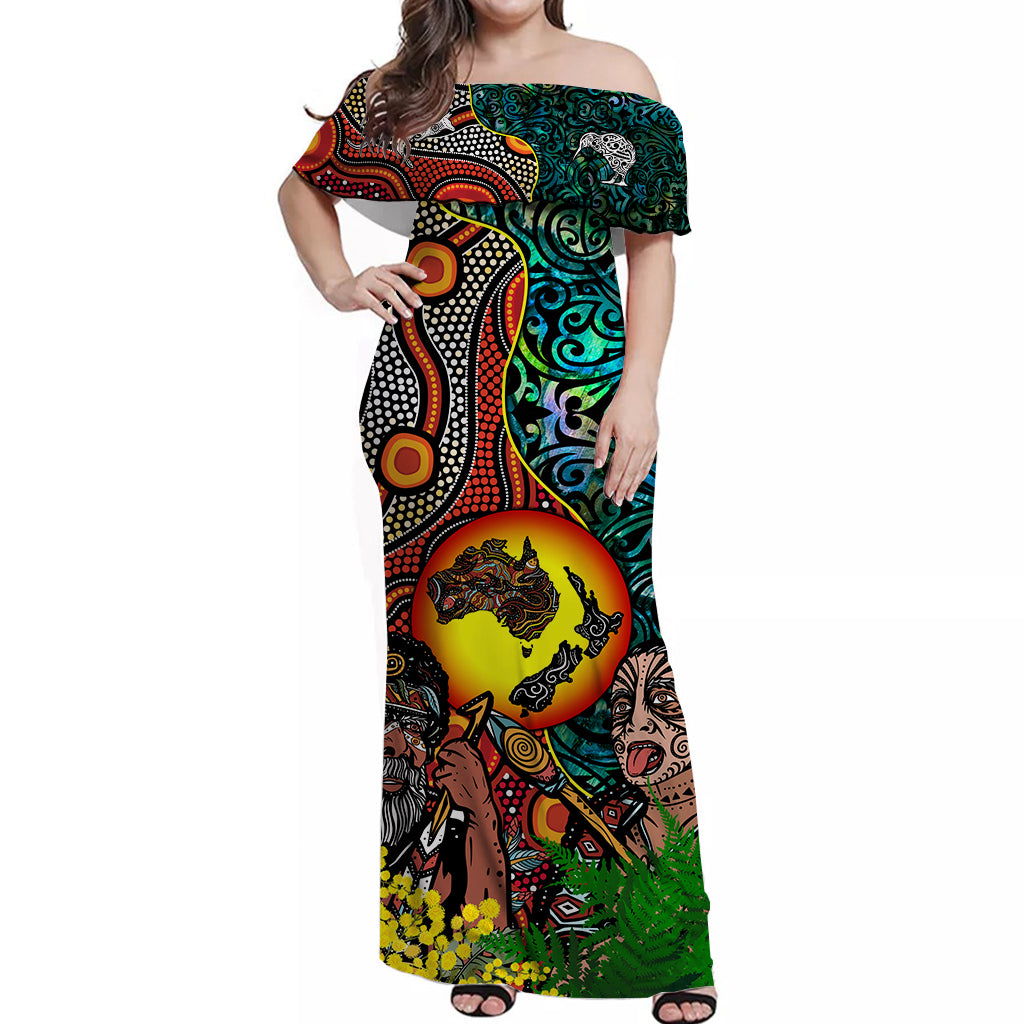 Australia Aboriginal Kangaroo Combine New Zealand Maori Kiwi Bird Off Shoulder Long Dress - - Vibe Hoodie Shop