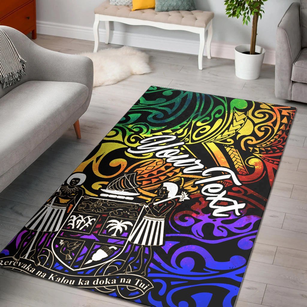 Fiji Custom Personalised Area Rug - Rainbow Polynesian Pattern Crest - Vibe Hoodie Shop