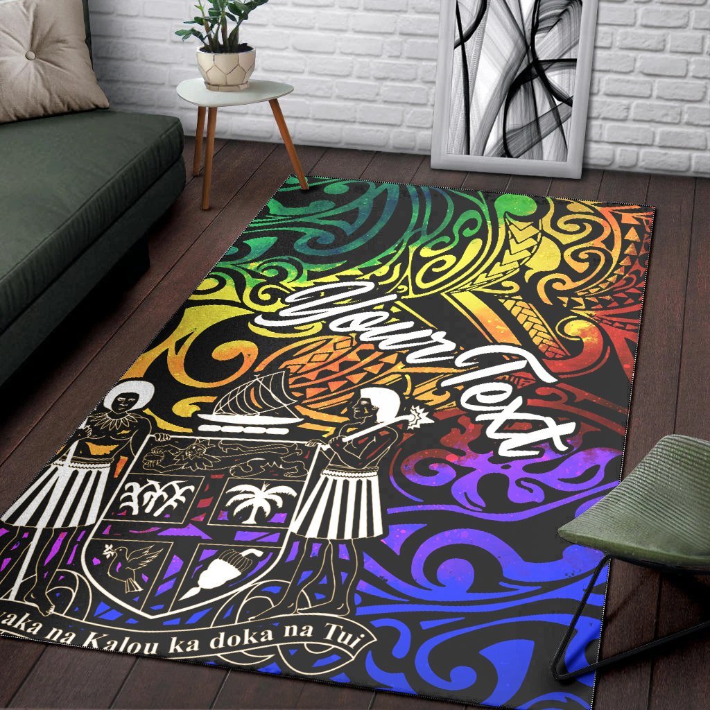 Fiji Custom Personalised Area Rug - Rainbow Polynesian Pattern Crest - Vibe Hoodie Shop