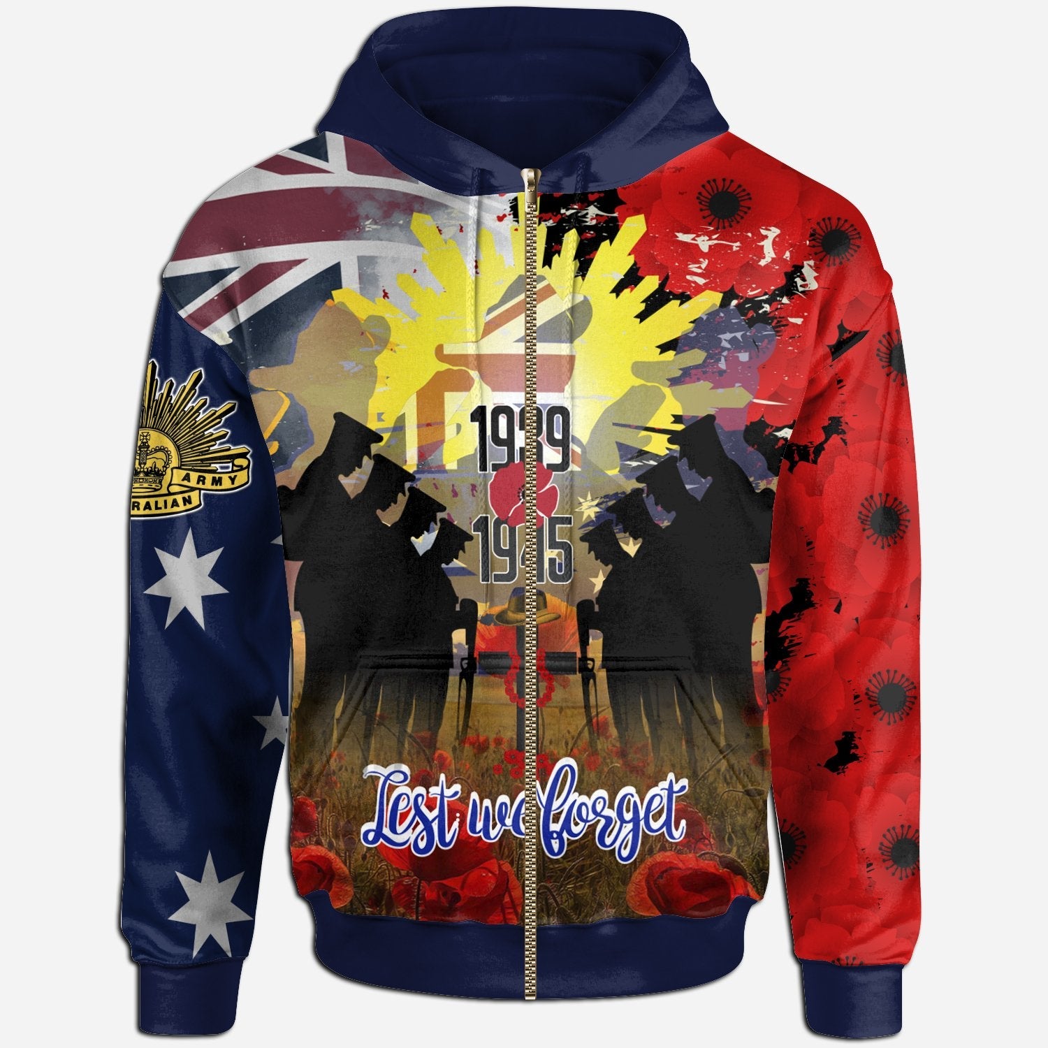 Zip - Up Hoodie - ANZAC Day 2021 World War II Commemoration 1939 - 1945 - Vibe Hoodie Shop