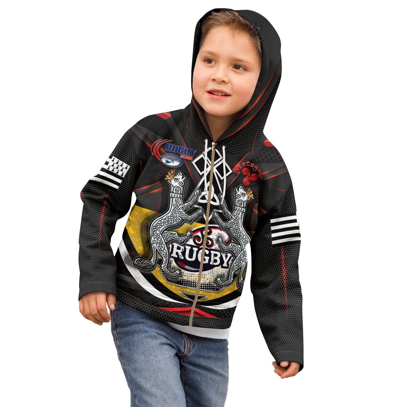 (Custom Text - Kid) Bretagne Rugby Personalised Zip Hoodie - Celtic Triskelion and Stoat Ermine Sport Version - Vibe Hoodie Shop