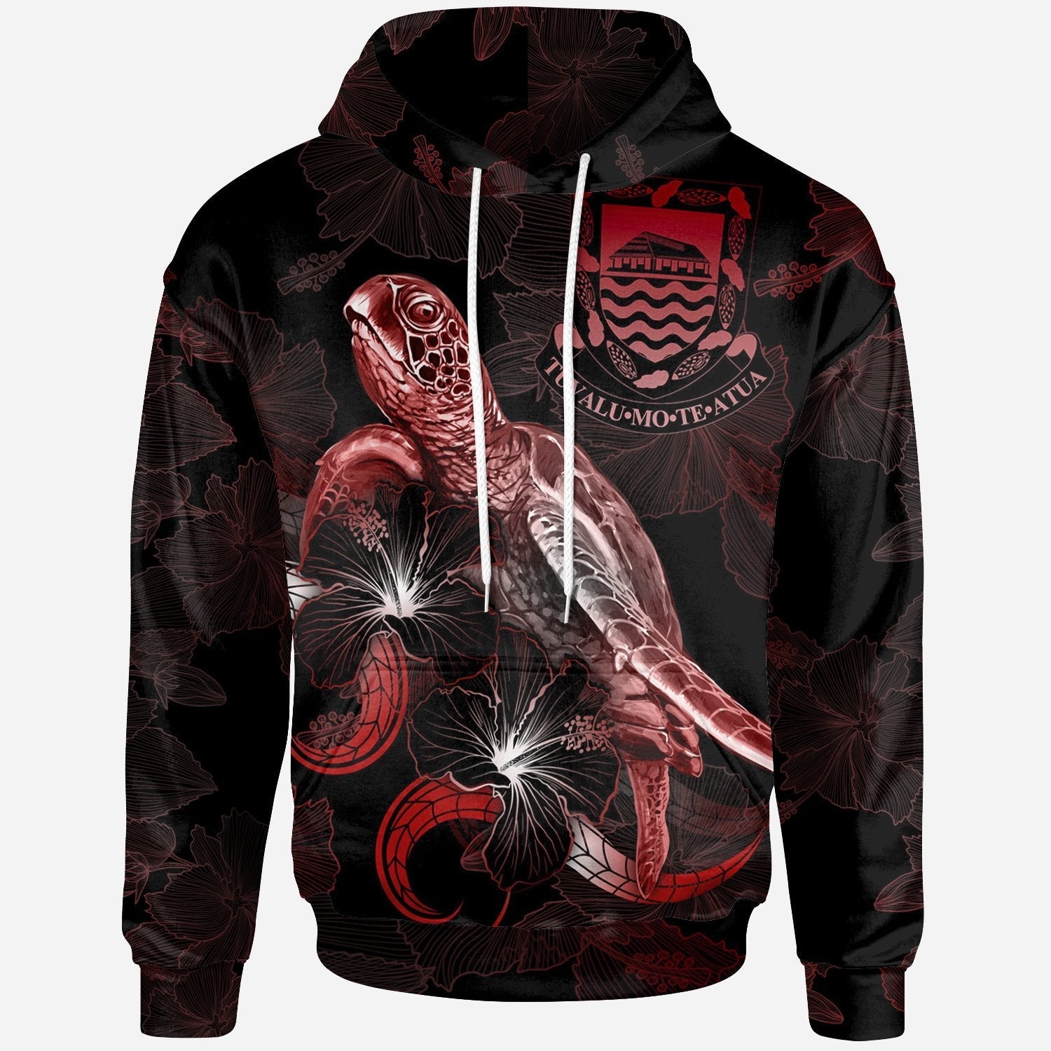 Tuvalu Polynesian Hoodie - Turtle With Blooming Hibiscus Red - Vibe Hoodie Shop