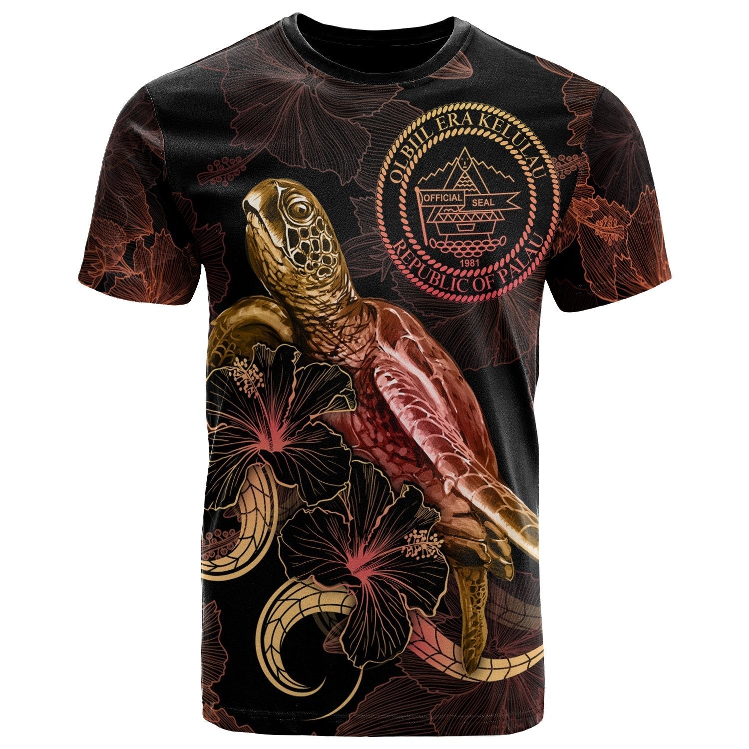 Palau Polynesian T shirt - Turtle With Blooming Hibiscus Gold - Vibe Hoodie Shop