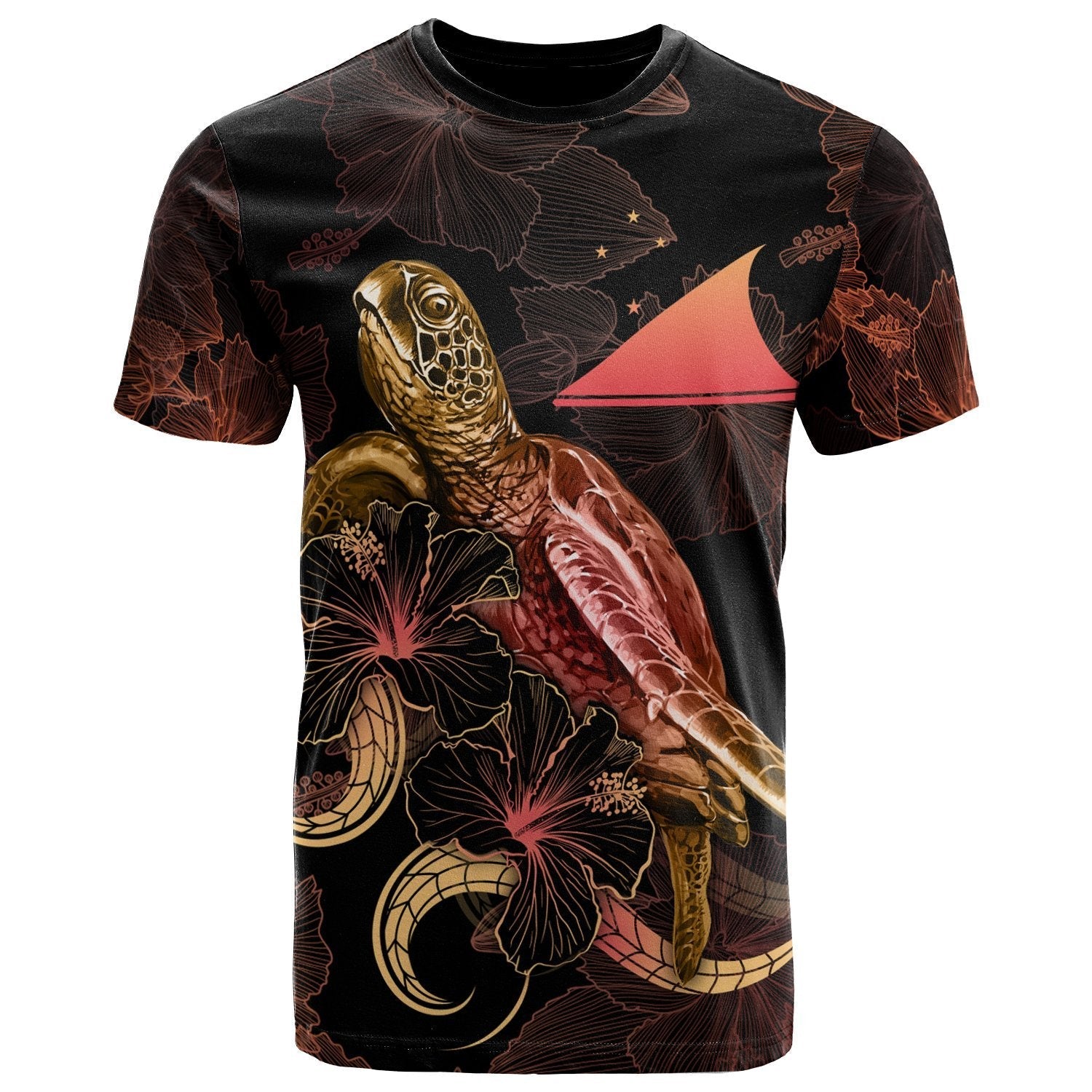 Tokelau Polynesian T shirt - Turtle With Blooming Hibiscus Gold - Vibe Hoodie Shop