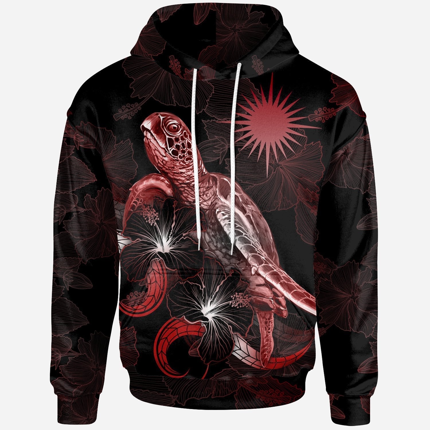 Marshall Islands Polynesian Hoodie - Turtle With Blooming Hibiscus Red - Vibe Hoodie Shop