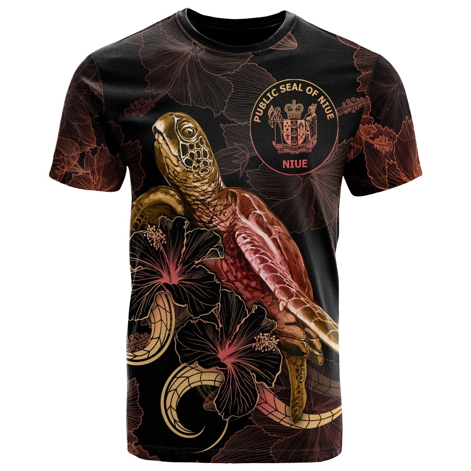Niue Polynesian T shirt - Turtle With Blooming Hibiscus Gold - Vibe Hoodie Shop