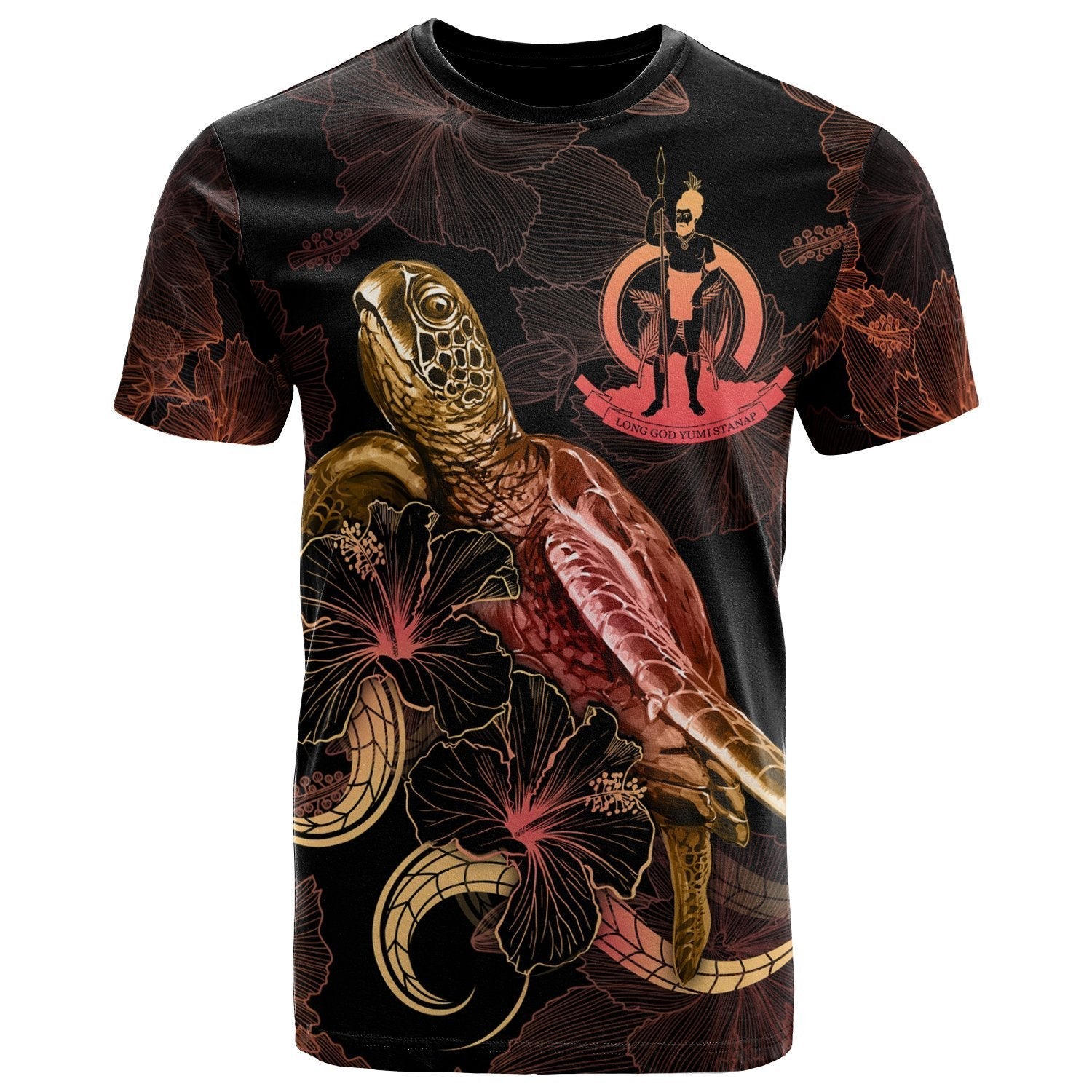 Vanuatu Polynesian T shirt - Turtle With Blooming Hibiscus Gold - Vibe Hoodie Shop