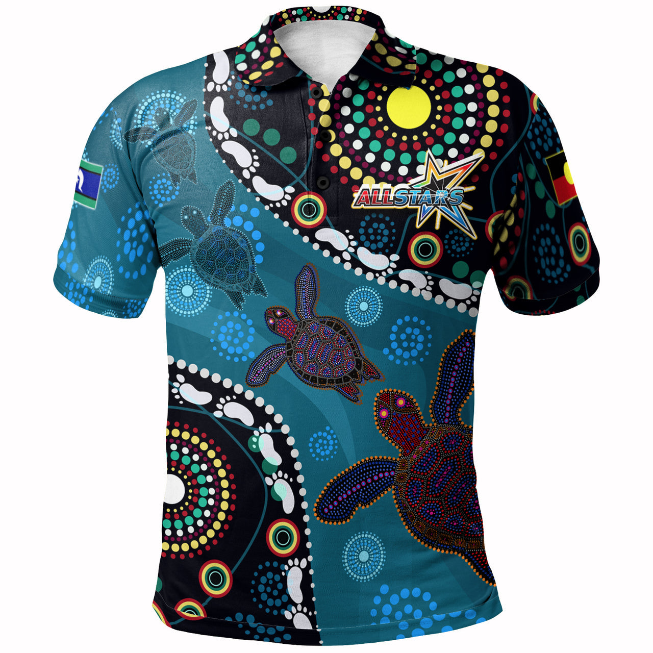 Indigenous All Stars Rugby Custom Polo shirt - Dreamtime Turtle With Aboriginal and Torres Strait Islanders Flag - Vibe Hoodie Shop