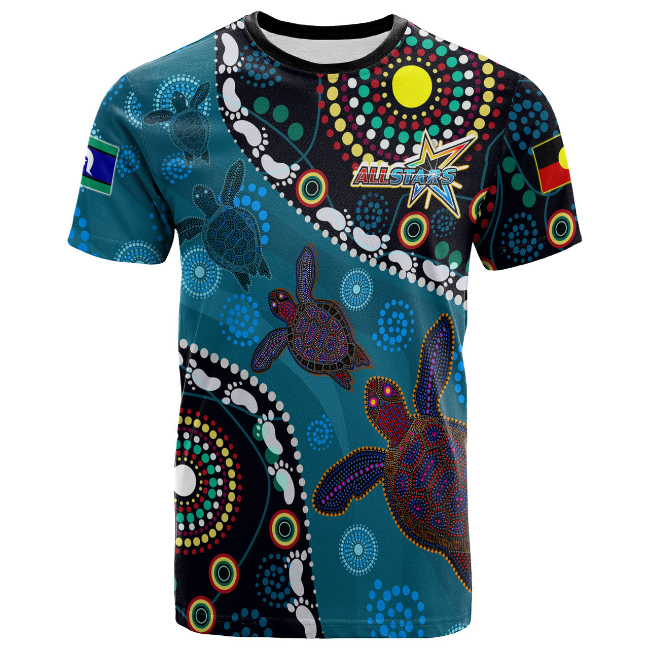 Indigenous All Stars Rugby Custom T shirt - Dreamtime Turtle With Aboriginal and Torres Strait Islanders Flag RLT13 - Vibe Hoodie Shop