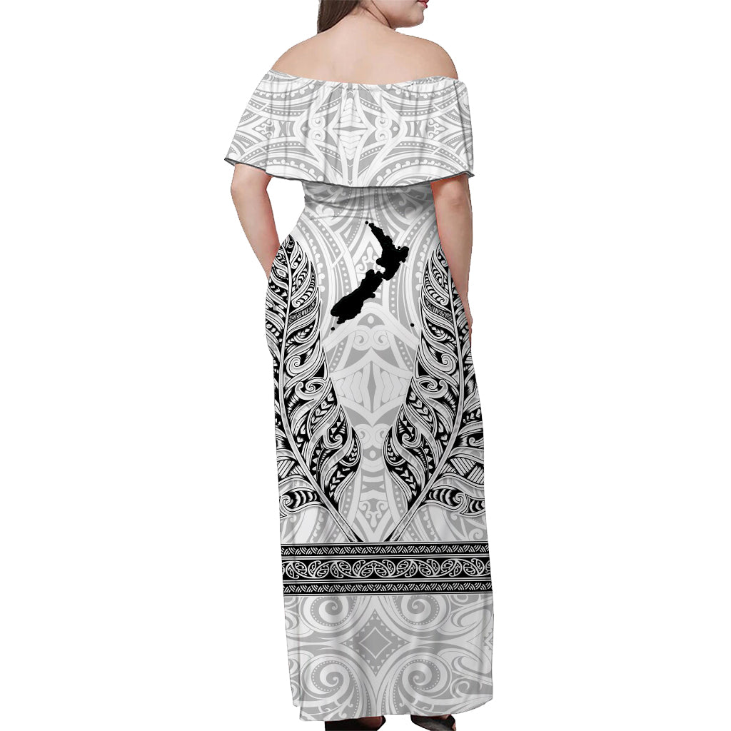 (Custom Personalised) New Zealand Silver Fern Off Shoulder Long Dress Maori Pattern White - Vibe Hoodie Shop