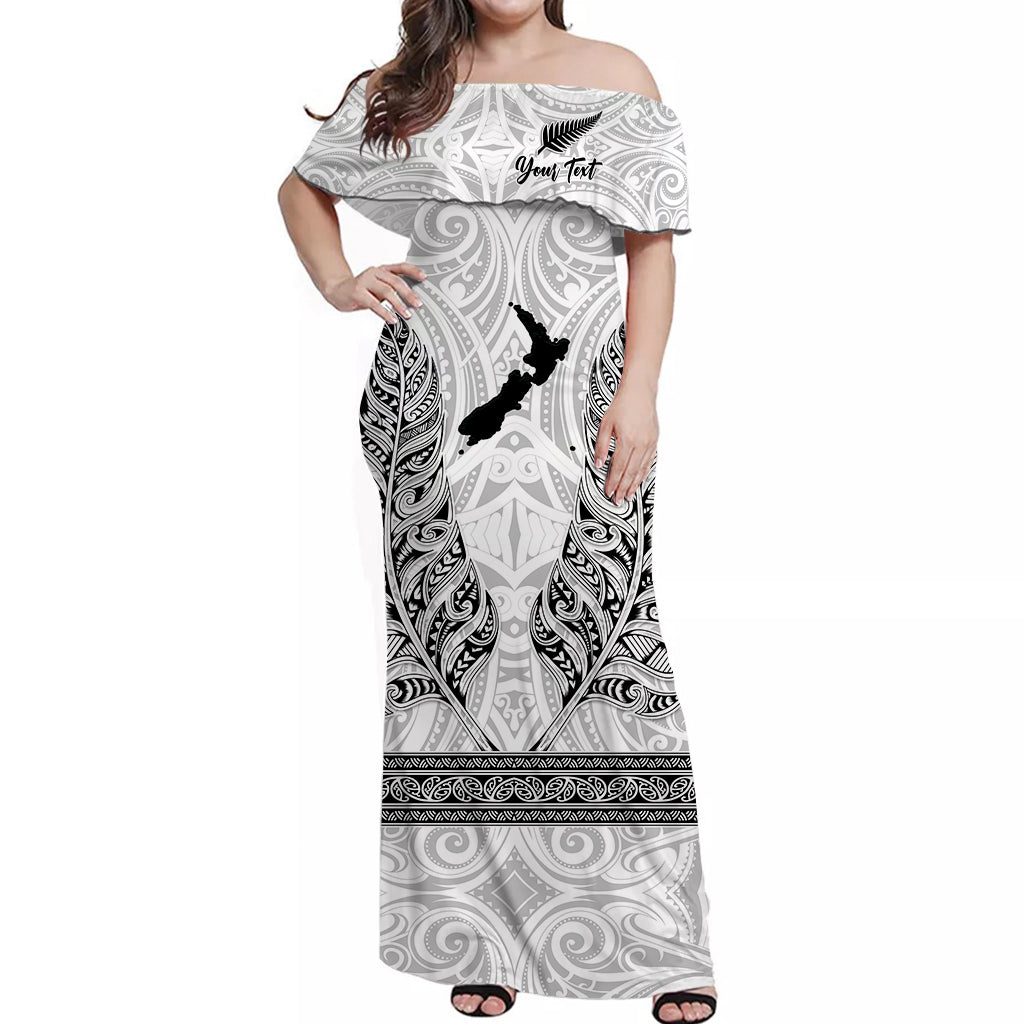 (Custom Personalised) New Zealand Silver Fern Off Shoulder Long Dress Maori Pattern White - Vibe Hoodie Shop