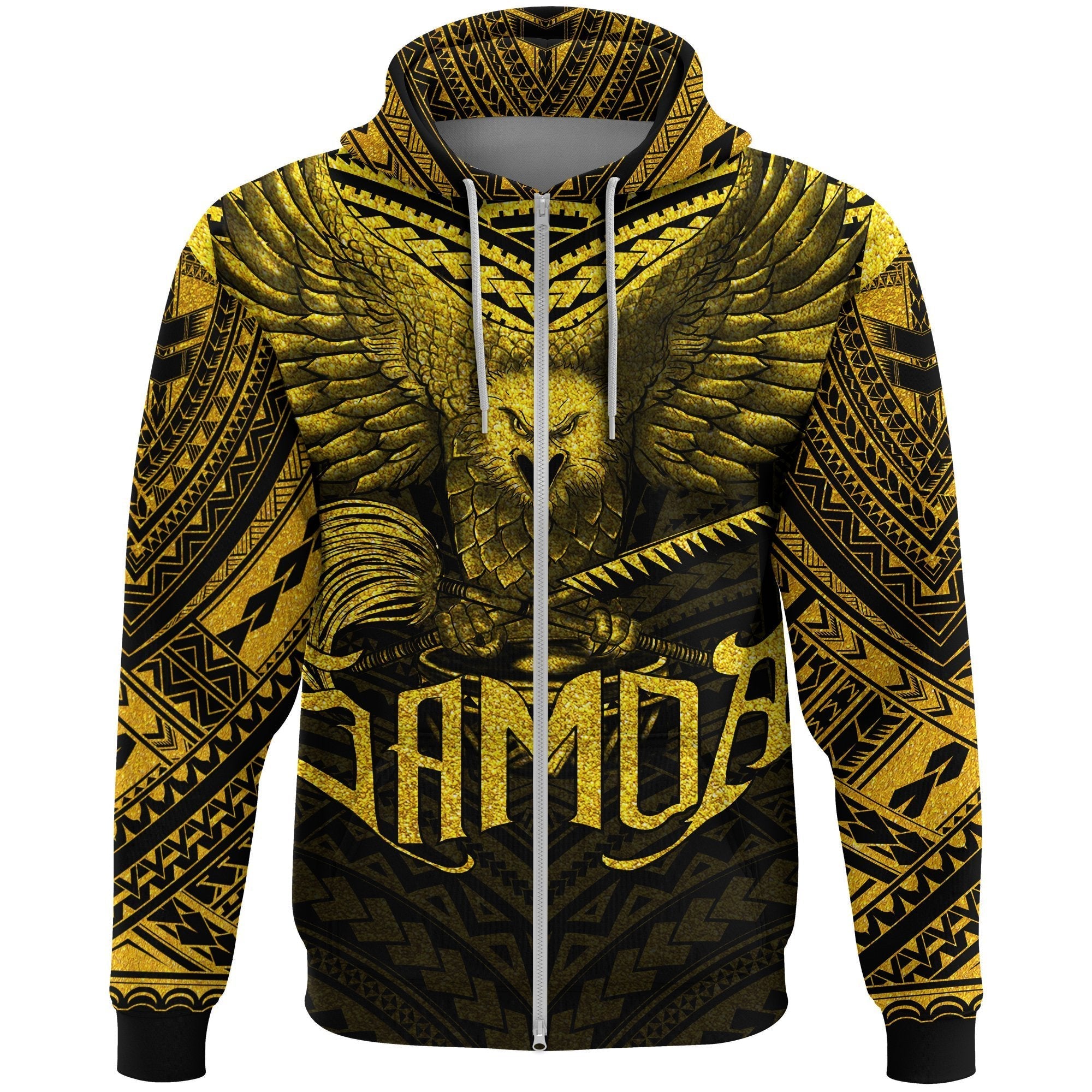 American Samoa Zip Hoodie Eagle Tattoo Style Golden - Vibe Hoodie Shop