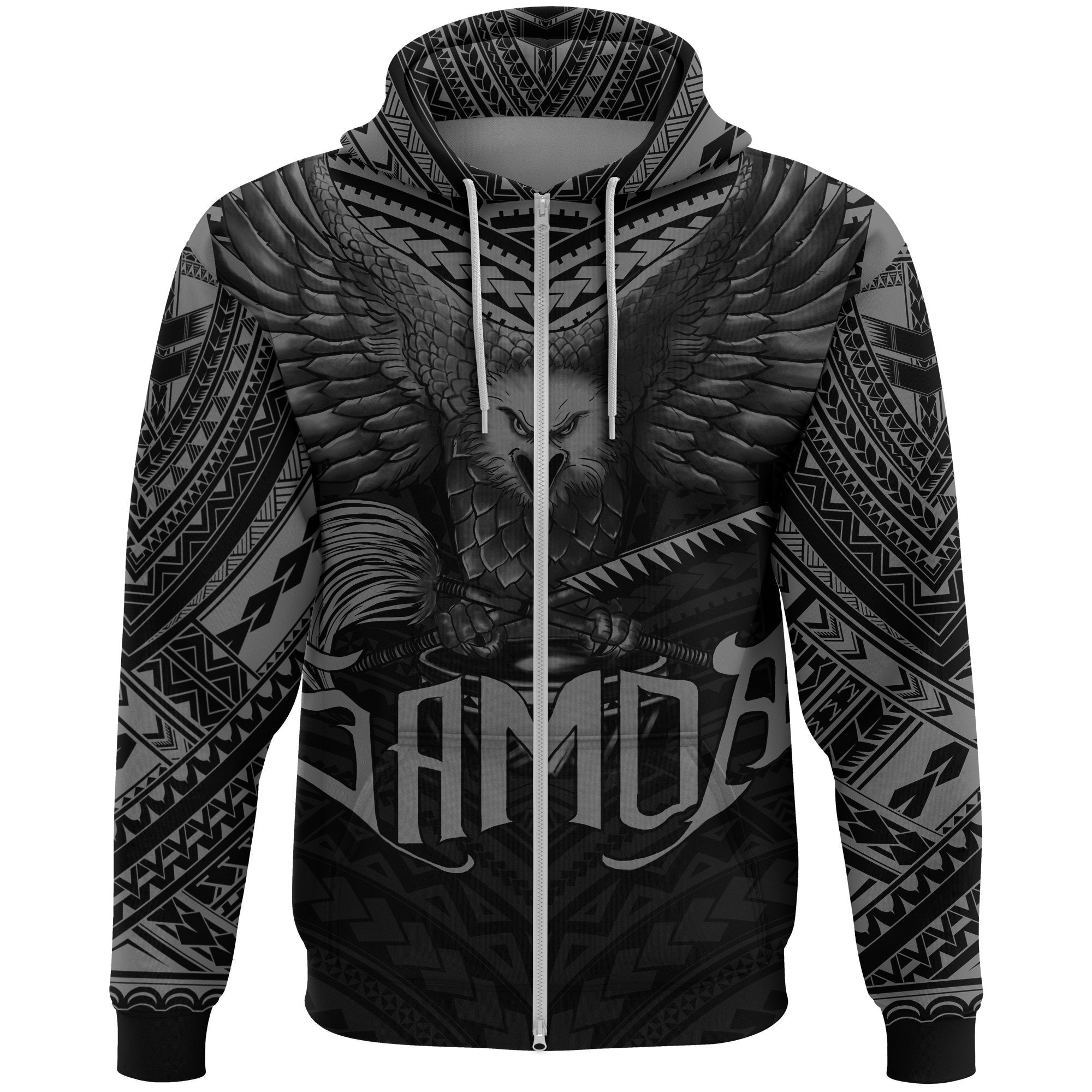 American Samoa Zip Hoodie Eagle Tattoo Style Gray - Vibe Hoodie Shop