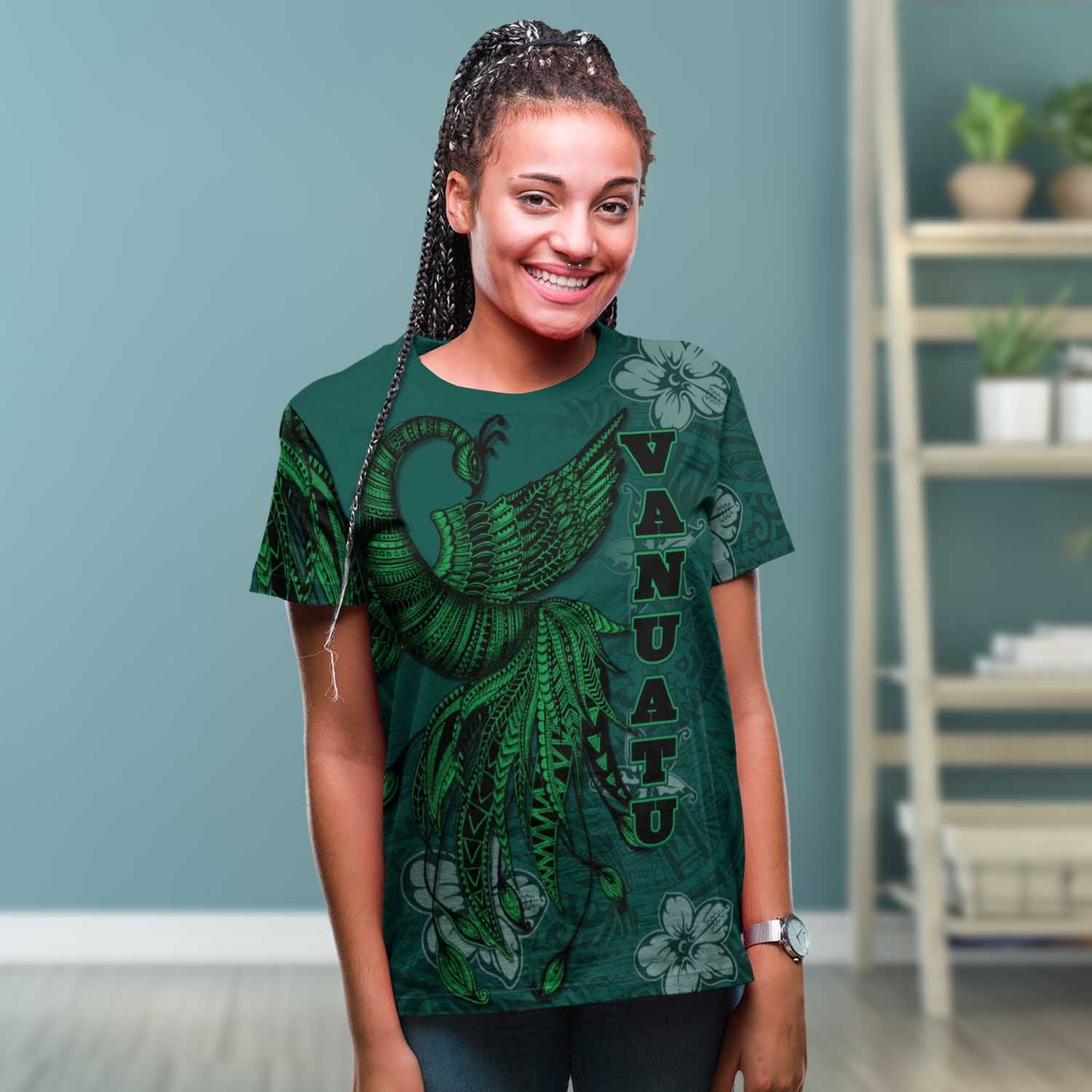 Vanuatu T shirt - Polynesian Phoenix Bird, Fairytales Bird Green - Vibe Hoodie Shop