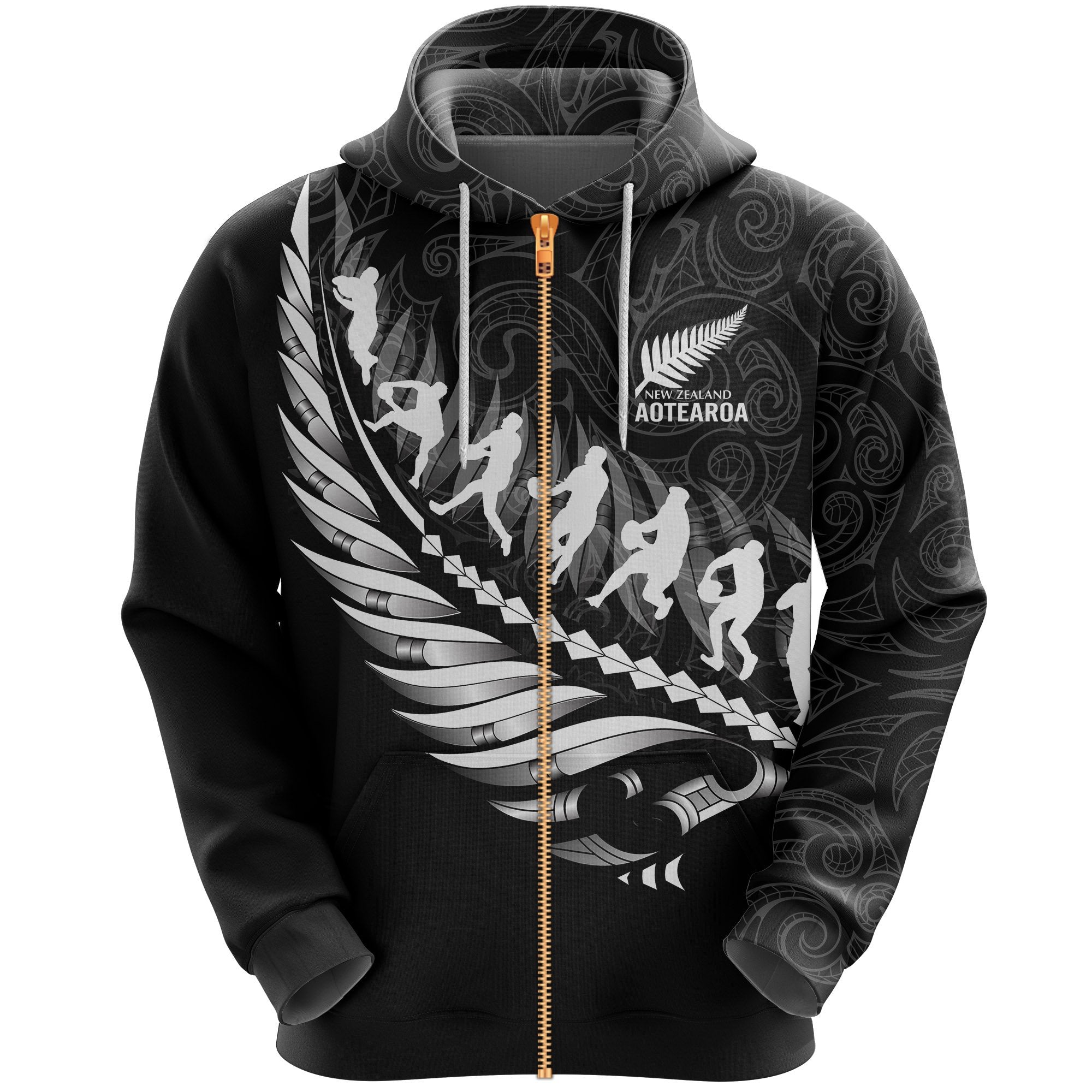 Aotearoa New Zealand Hoodie - Maori Fern Rugby (Zip) - Vibe Hoodie Shop