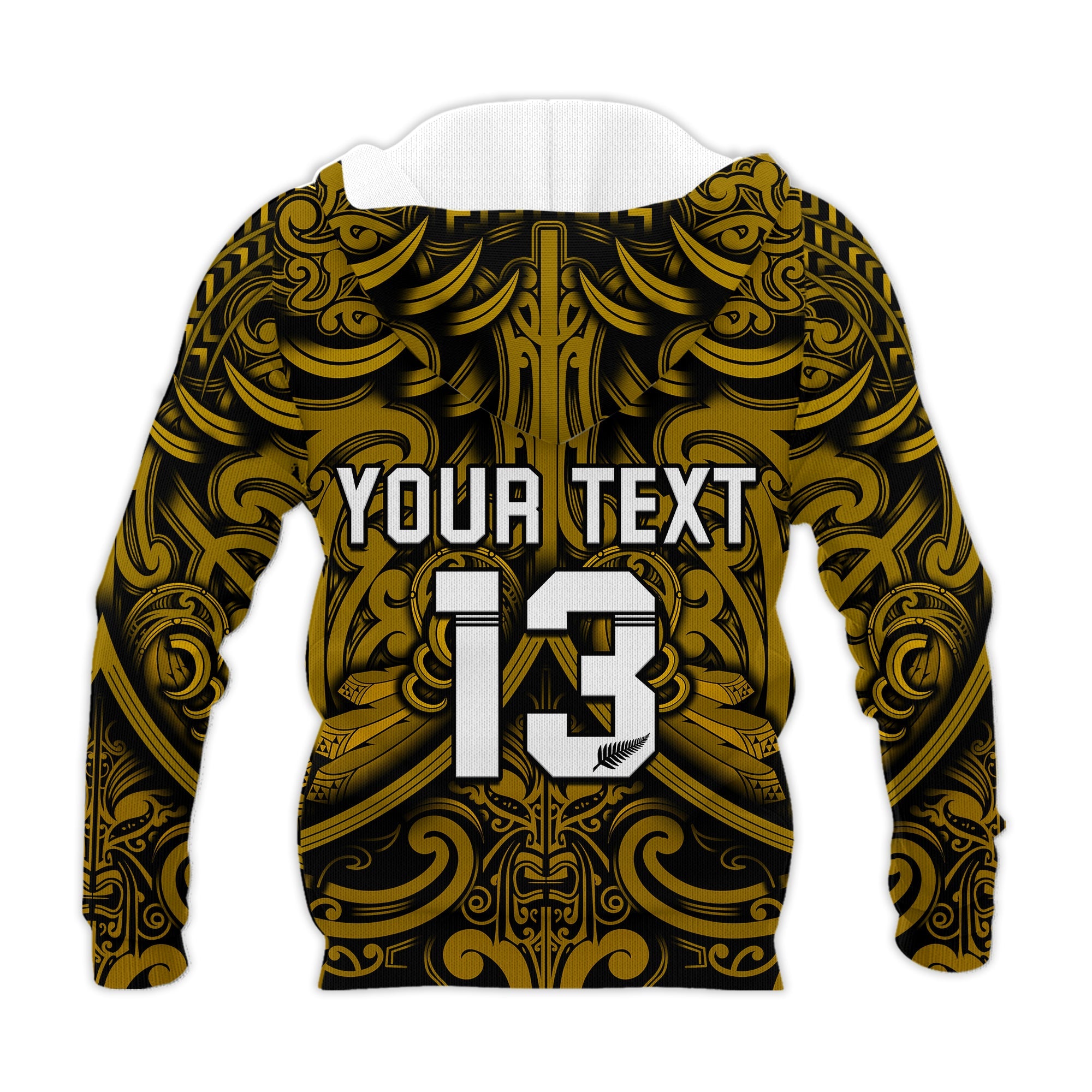 (Custom Text and Number) New Zealand Silver Fern Rugby Hoodie All Black Gold NZ Maori Pattern LT13 - Vibe Hoodie Shop