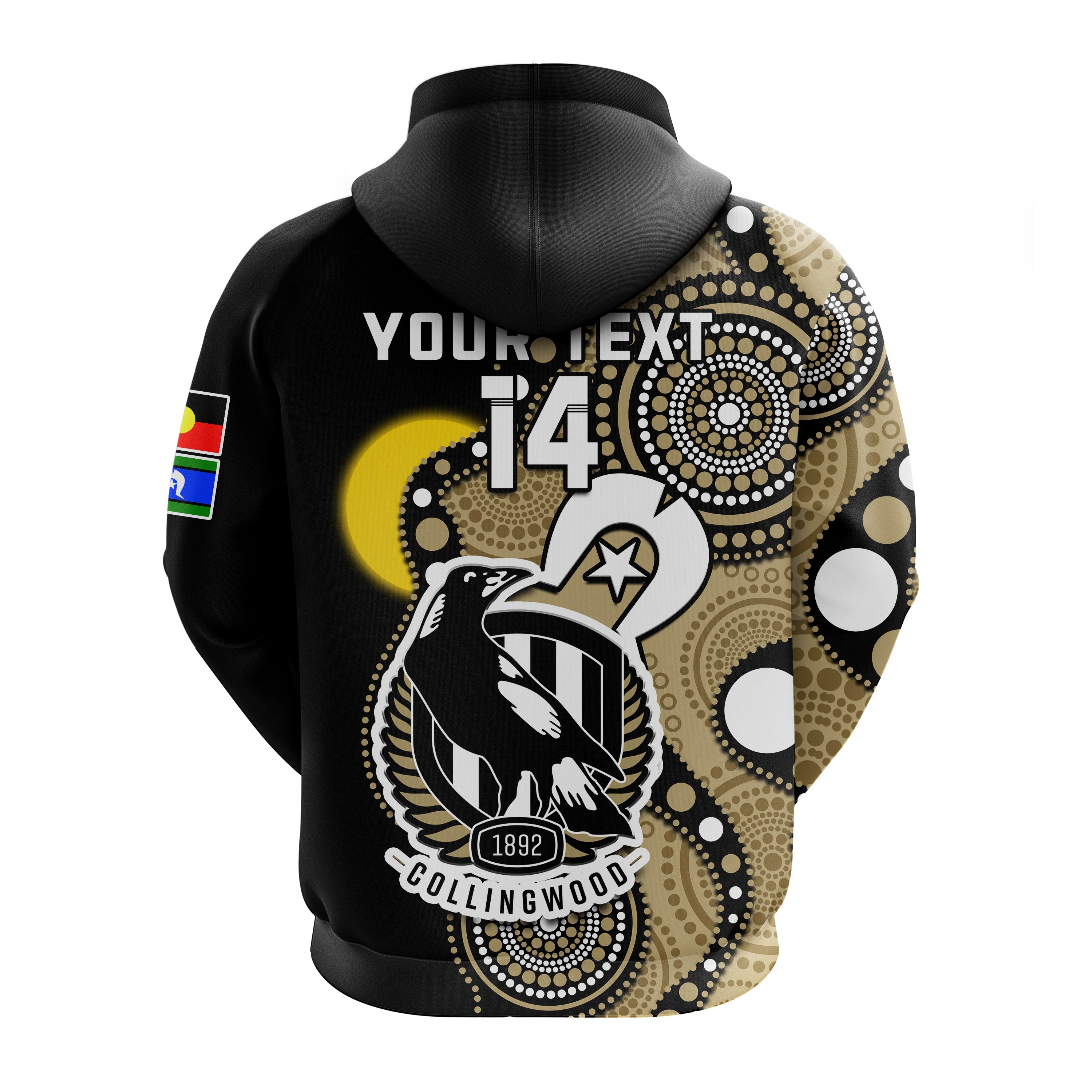 (Custom Text And Number) Collingwood Football NAIDOC 2023 Hoodie Magpies For Our Elders Indigenous Art - Vibe Hoodie Shop