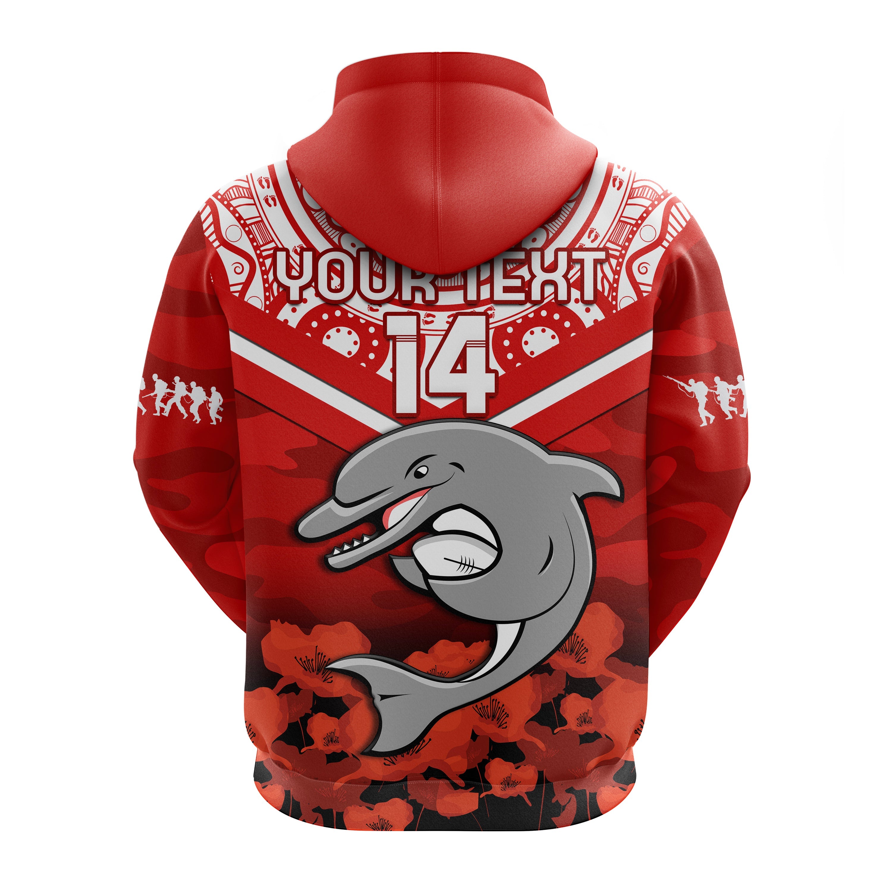 (Custom Text And Number) Dolphins Rugby ANZAC 2023 Hoodie Dots Poppy Mix Camouflage Lest We Forget - Vibe Hoodie Shop