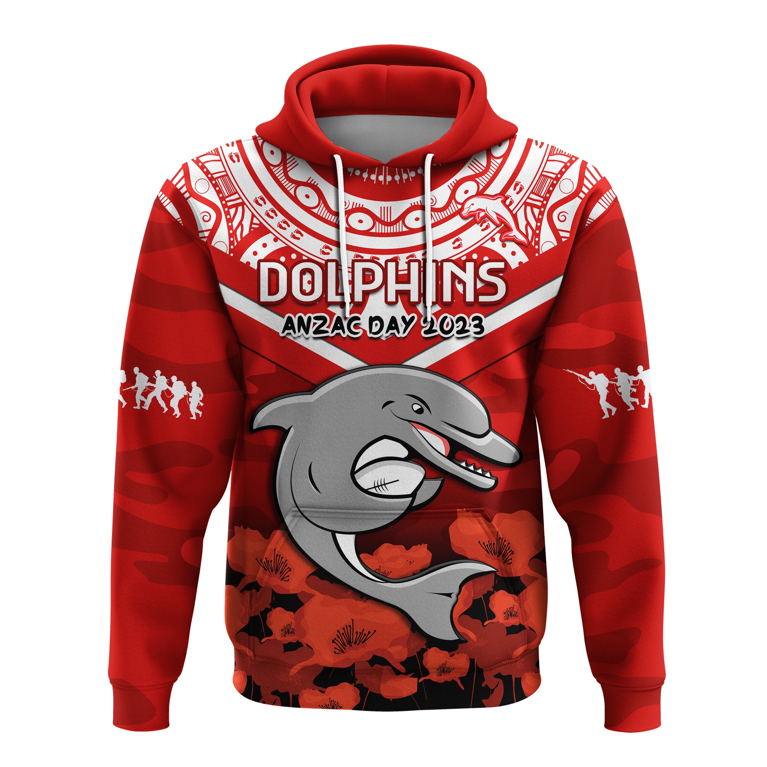 (Custom Text And Number) Dolphins Rugby ANZAC 2023 Hoodie Dots Poppy Mix Camouflage Lest We Forget - Vibe Hoodie Shop
