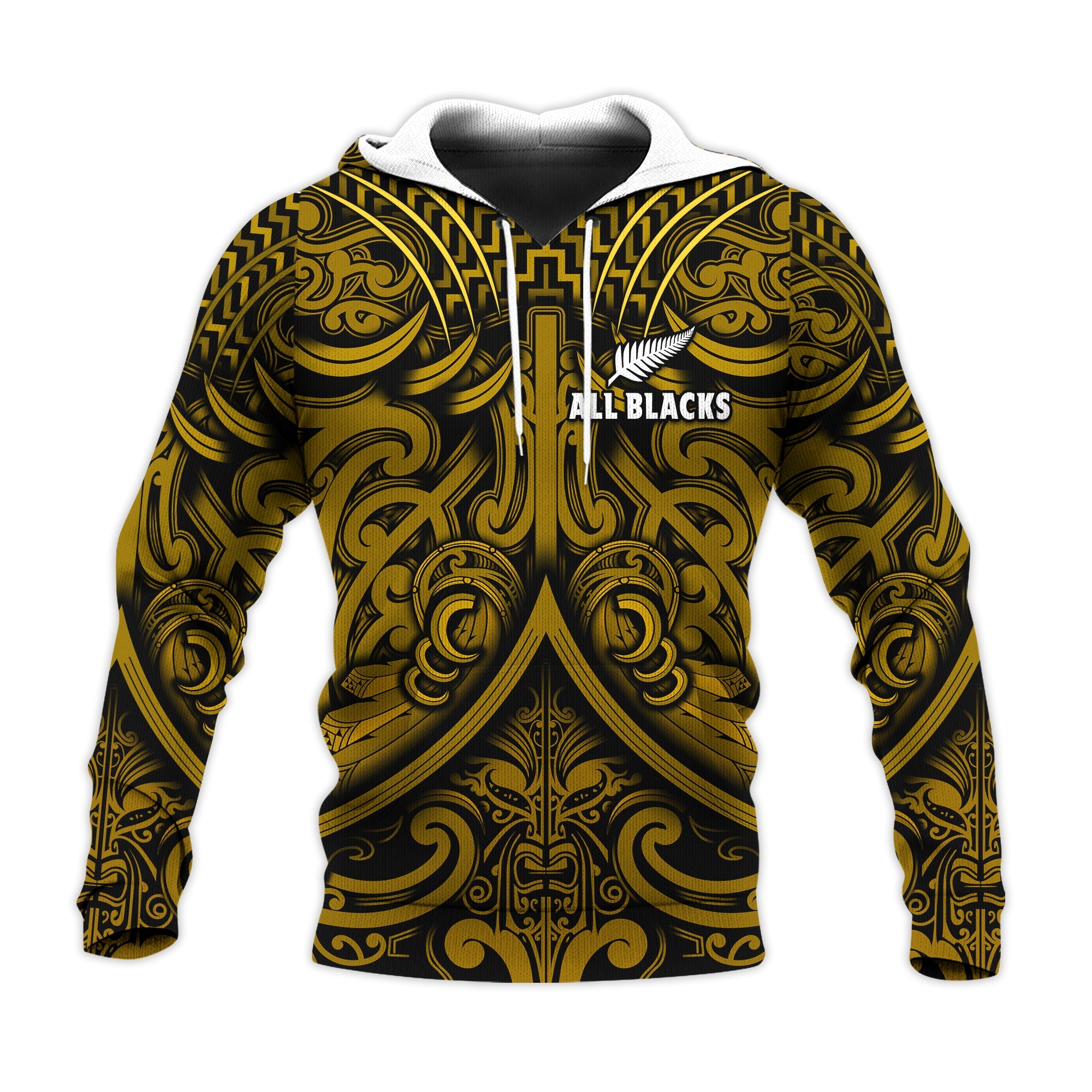 (Custom Text and Number) New Zealand Silver Fern Rugby Hoodie All Black Gold NZ Maori Pattern LT13 - Vibe Hoodie Shop