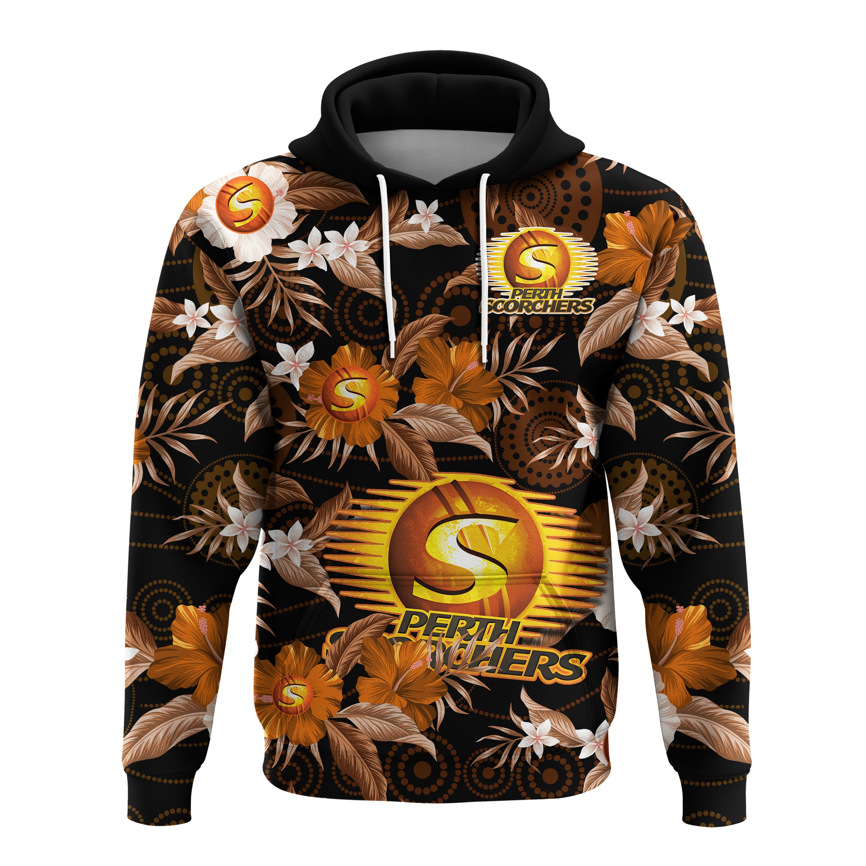 Perth Scorchers Cricket Hoodie Aboriginal Art Mix Tropical Flowers - Vibe Hoodie Shop