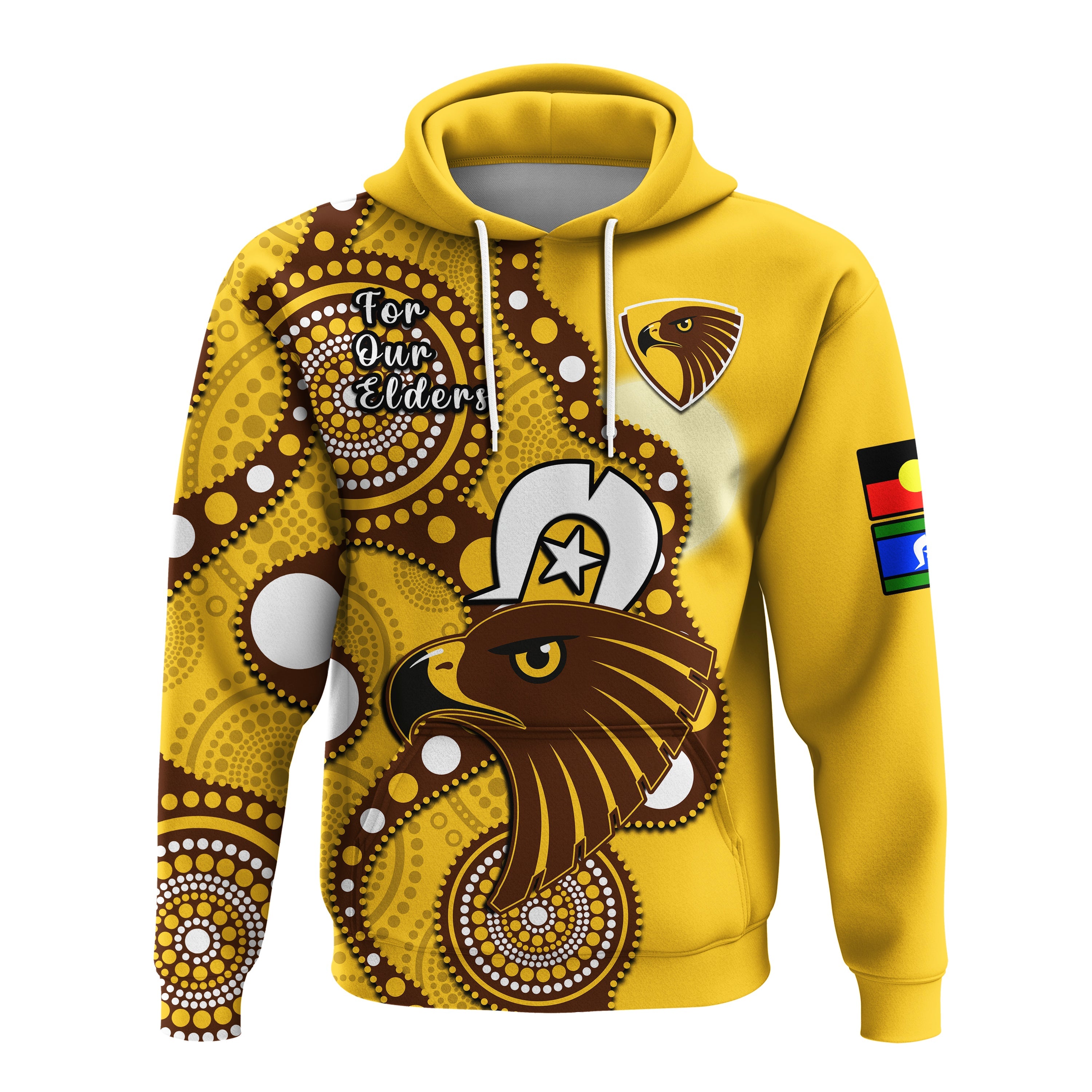 (Custom Text And Number) Hawthorn Football NAIDOC 2023 Hoodie Hawks For Our Elders Indigenous - Vibe Hoodie Shop